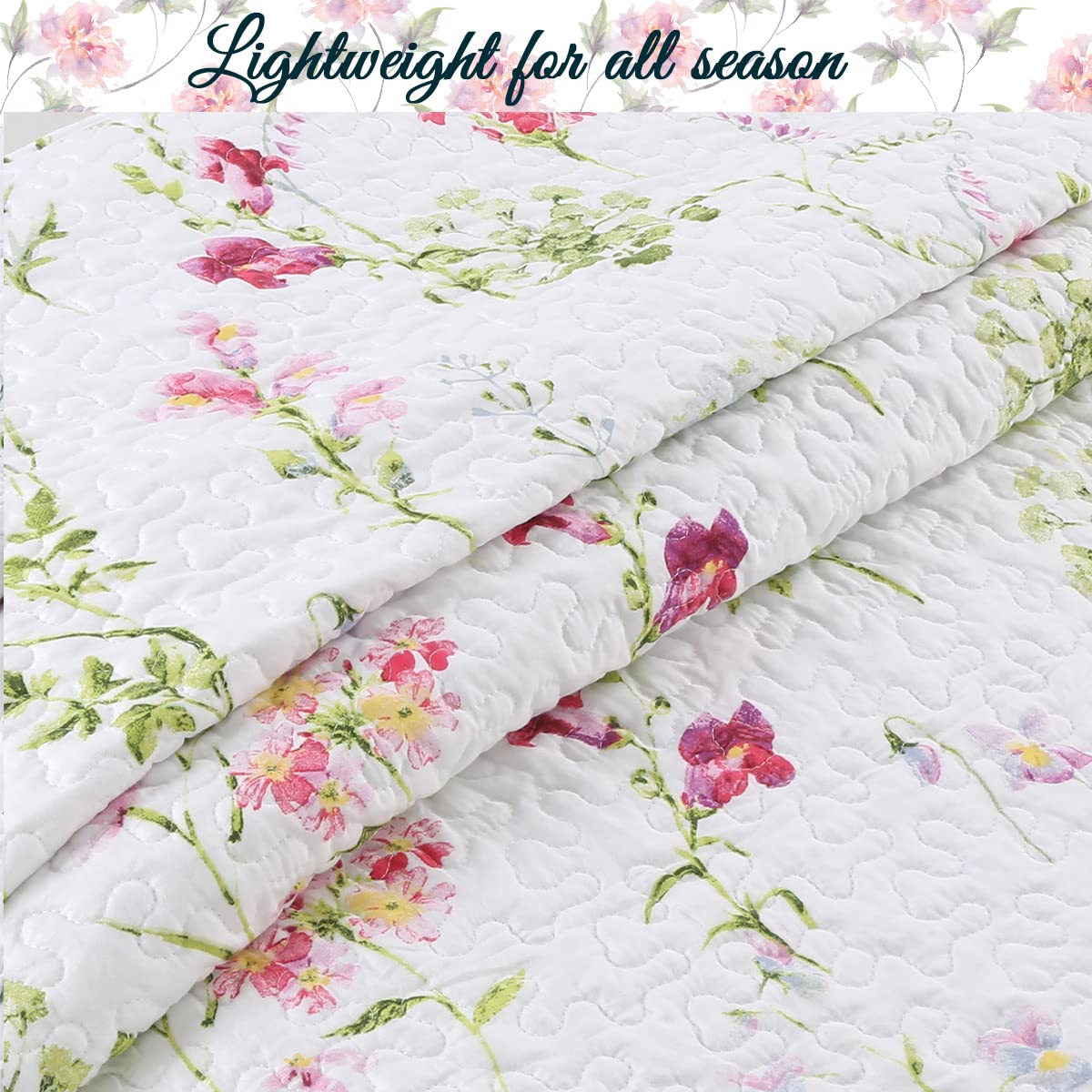 Cozy Line Home Fashions Light Pink Blue Flower Bloom Floral Garden Reversible Quilt Bedding Set, Coverlet Bedspread Lightweight for All Seasons (Carlotta, King - 3 Piece)