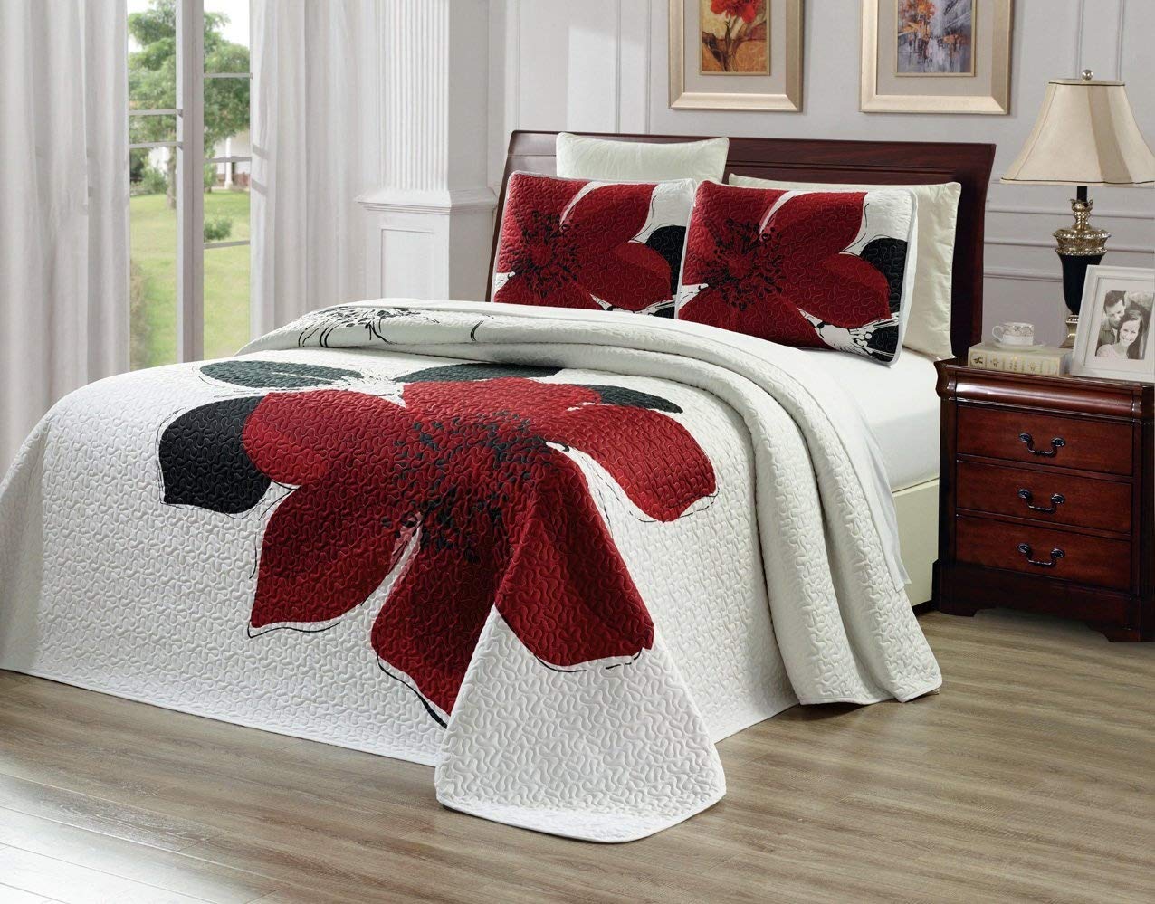 D'DECOR Grand Linen 3-Piece Fine Printed Oversize (115inch X 95inch) Quilt Set Reversible Bedspread Coverlet King/Cal King Size Bed Cover (Burgundy Red, Black, White, Floral)