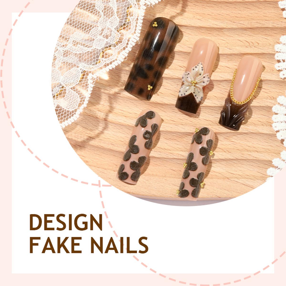 Brown Press on Nails Long Square Fake Nails French tip Glue on Nails with 3D Flower, Wave, Gold Charms Designs Full Cover Glossy False Nail Press ons Stick on Nail for Women Manicure 24Pcs