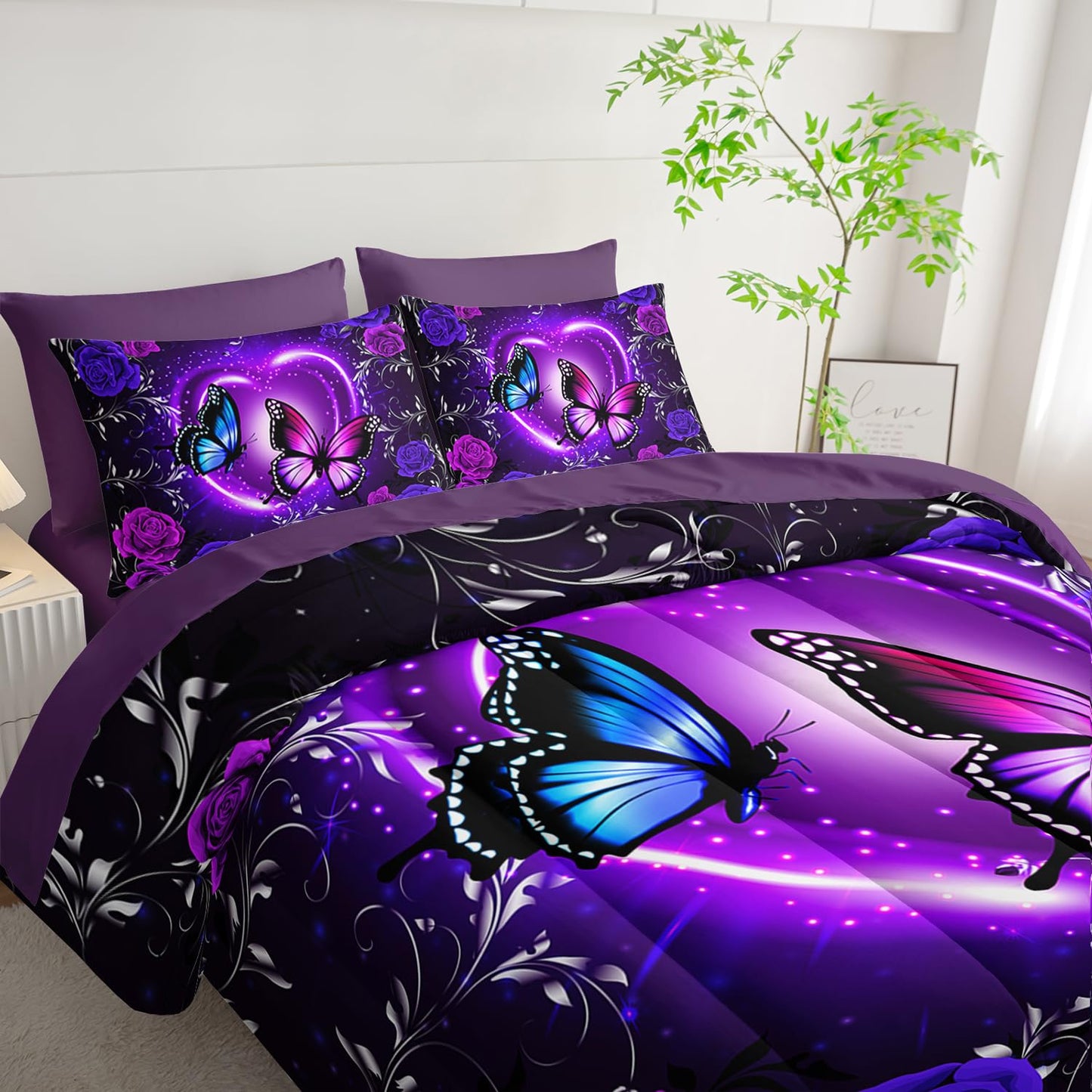 Tuzaovy Purple Butterfly Comforter Set 7 Piece Queen Size Bed in A Bag,Dreamy Butterfly Bedding for Girls Room Decor,Soft Microfiber Comforter with Fitted Sheet,Flat Sheet, Pillowcases & Shams