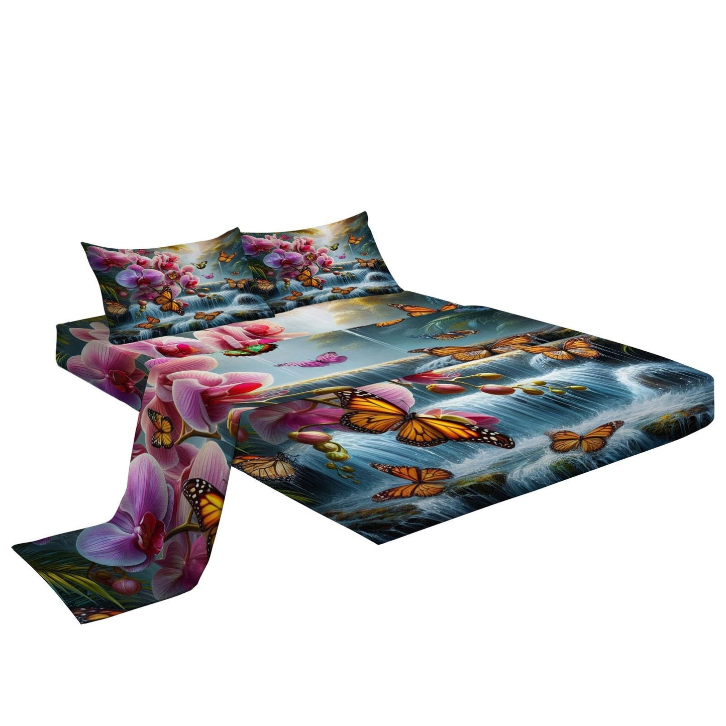King Sheet Set, Waterfall Flower Butterfly Green 4 Pieces Cooling Bedding Sheets & Pillowcases, Breathable Brushed Microfiber, Extra Soft Bed Sheet Set with Deep Pocket