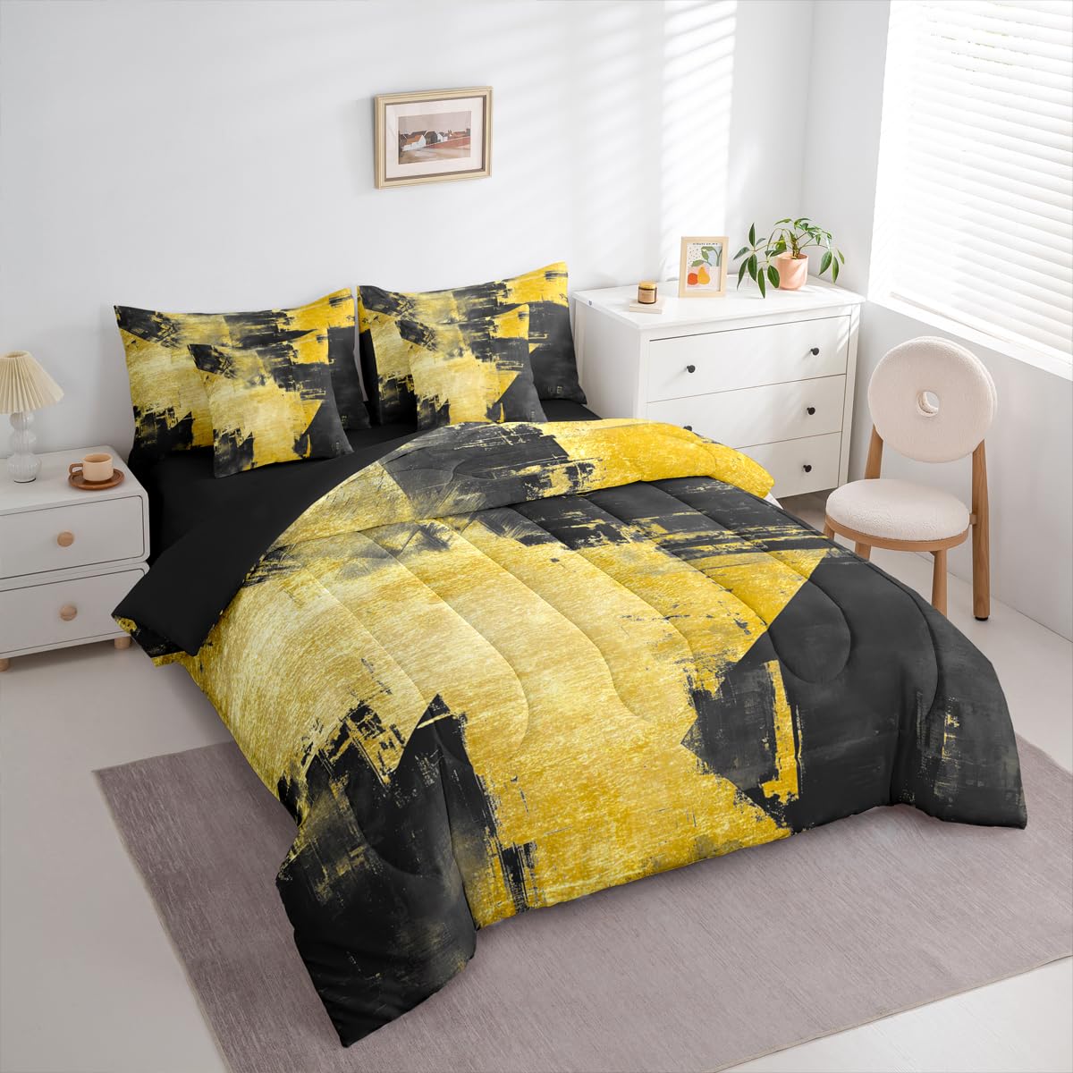 Feelyou Abstract King Comforter Set with Sheets for Kids Boys Girls Modern Abstract Art 7 Pieces Bedding Set Luxury Bed in a Bag Geometric Room Decor Yellow and Black Soft Lightweight Microfiber