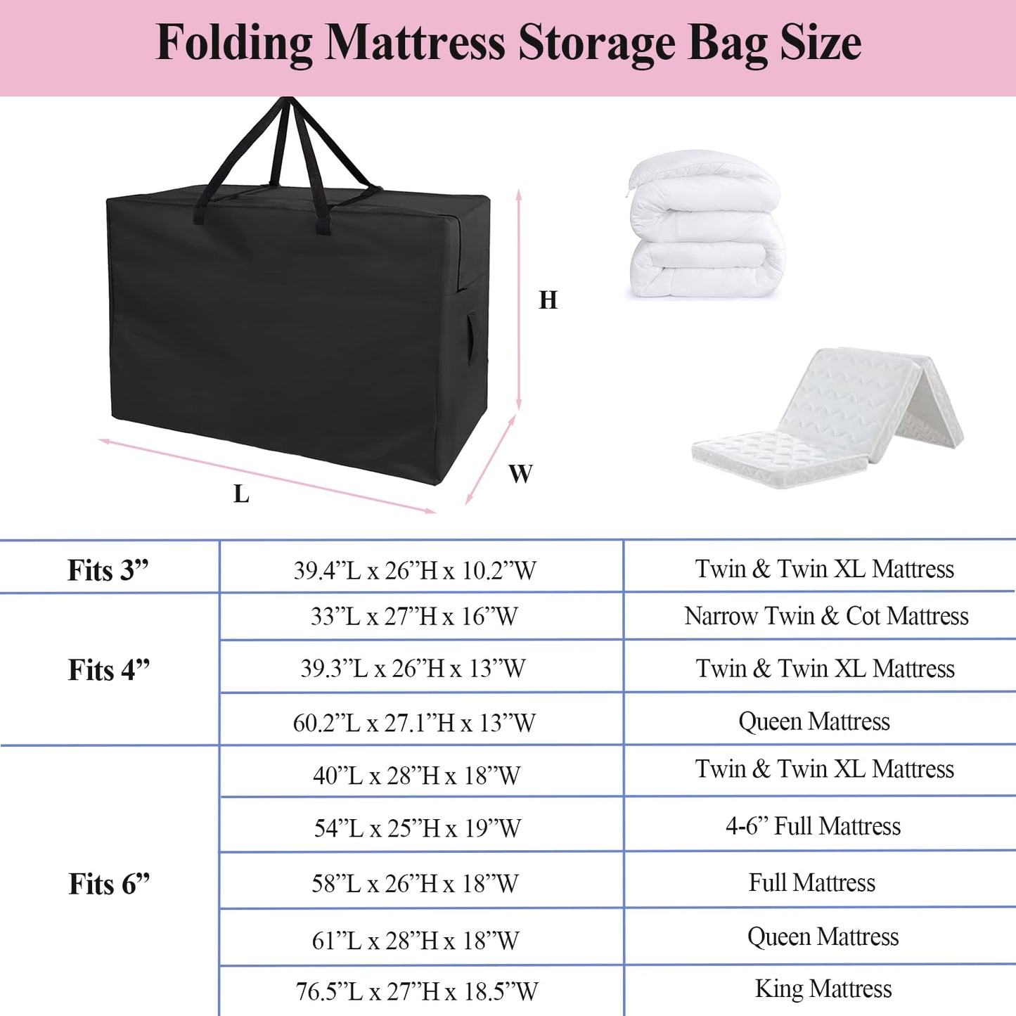 Folding Mattress Storage Bag-33 inch Heavy Duty Carrying Bag Fits 4 In Narrow Twin & Cot Mattress Sturdy Cushion Storage Bag for Tri-Fold Guest Bed Mattress Carry Case - 33"L×27"W×16"H, Cover Only