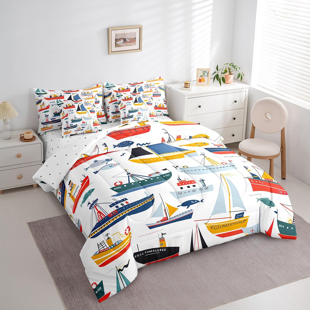 Erosebridal Nautical Comforter Set 7 Piece Bed in a Bag Twin,Retro Sailboat Steamship Bedding Sets Ocean Steamboat Steamer Sheet Set with Comforter