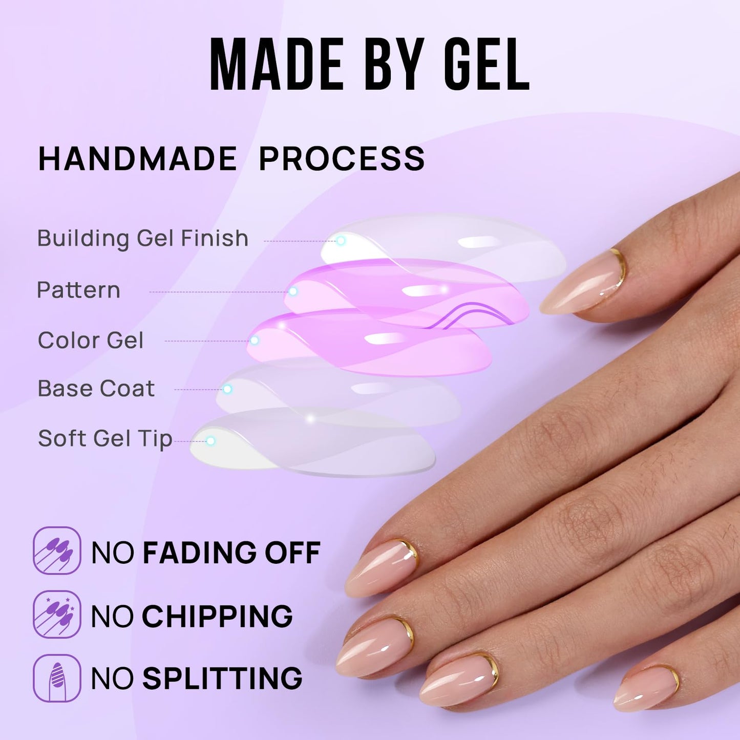 BTArtbox Press On Nails Almond - Short Gold Foil Press On Nails with Glue for Women, Semi-Transparent Soft Gel Glue On Nails in 16 Sizes - 32 Stick On Nails Kit, Gold End