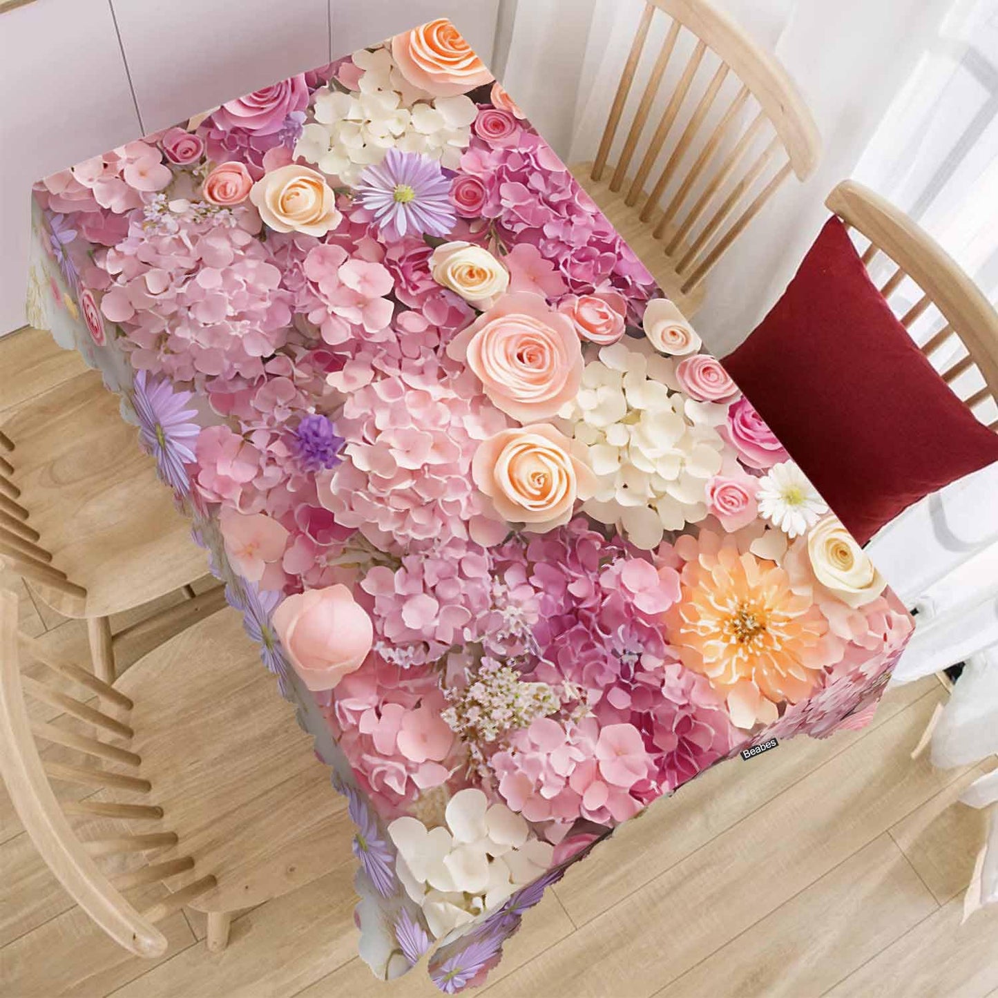 Beabes Rose Dinner Tablecloth Table Cover, Pink Wall Floral Roses Peonies Blossom 52x70 Inch Table Cloth Dust-Proof Table Cover Protector for Home Restaurant Picnic Camping BBQ
