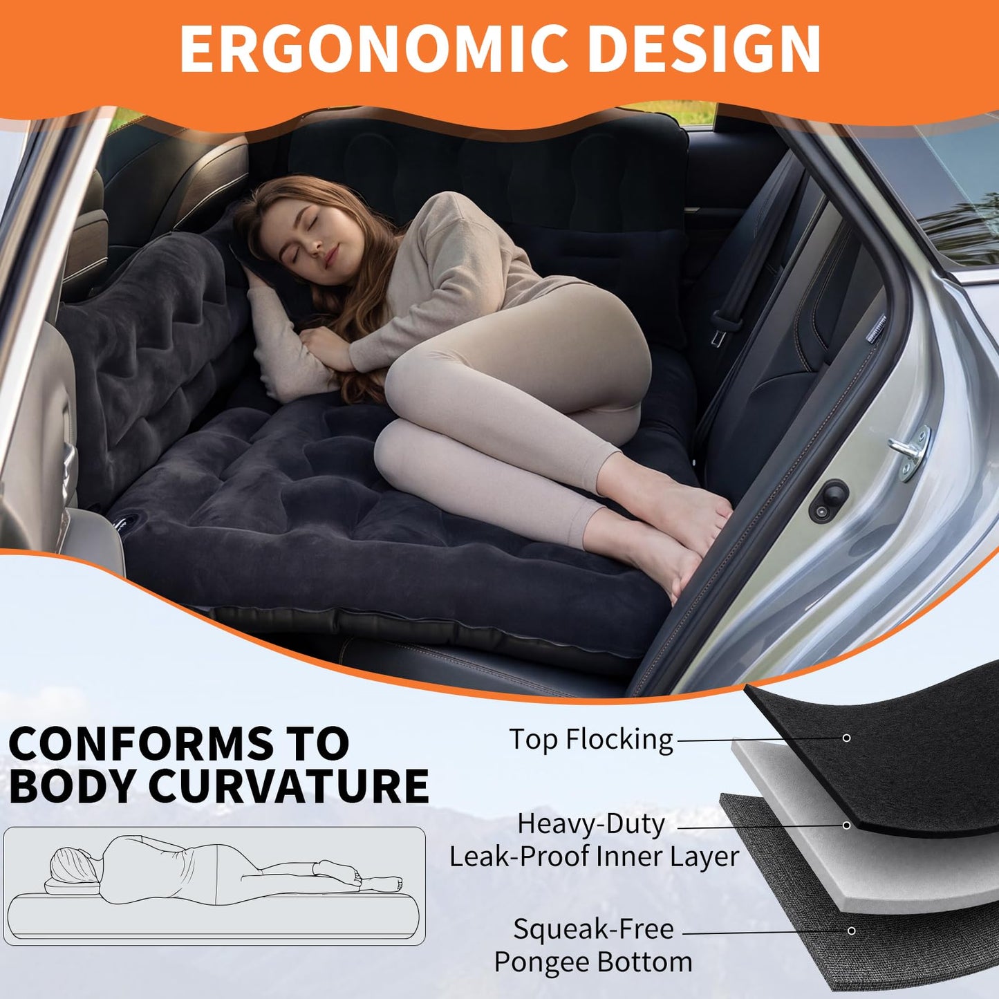 Uncle elk Car Air Mattress Bed - Inflatable Back Seat Air Mattress with Upgraded Wear-Resistant Pongee Bottom, Thick Camping Sleeping Pad with 2 Pillows & Air Pump, Fits Sedan/Truck/SUV, Black