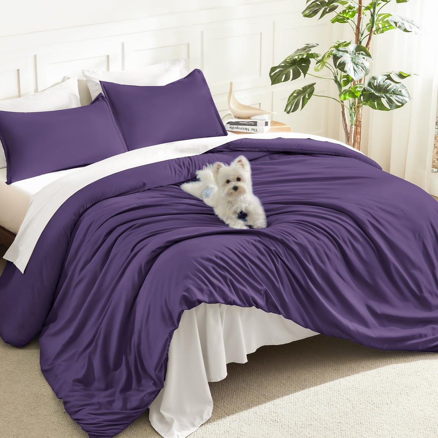Litanika Dark Violet Purple Comforter Set King Size, 3 Pieces Lightweight Solid Bedding Comforter Set, All Season Fluffy Bed Set (104x90In Comforter & 2 Pillowcases)