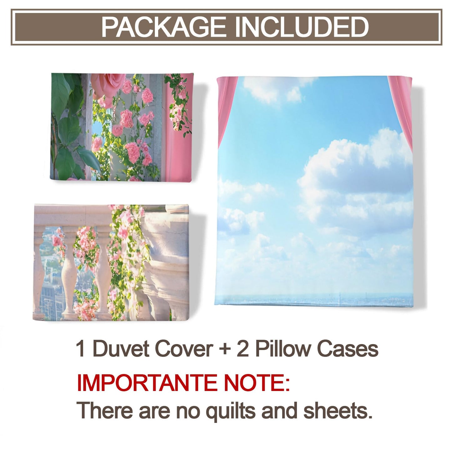 GKPLY Pink Rose Comforters Queen Size, Romantic Floral Bedding Duvet Cover, Elegant Garden Duvet Cover with 2 Pillowcases, 3 Pieces, Reversible Dreamy Balcony Bedding with Zipper