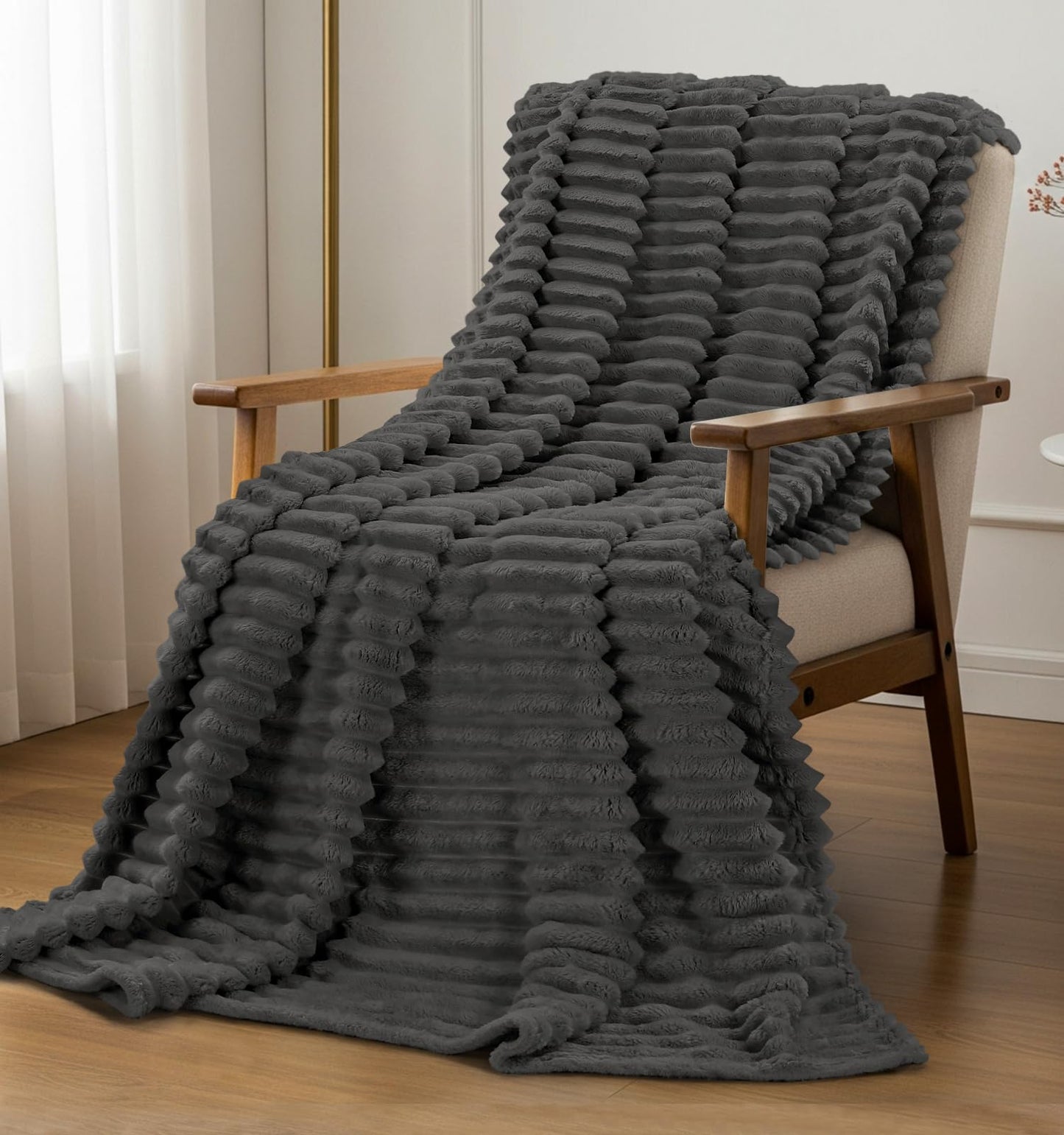 Utopia Bedding Grey Striped Fleece Blanket Throw Size – Fluffy, Warm & Lightweight Ribbed Throw for Bed, Sofa & Chair - Soft Cozy Blanket for Home Décor & Gifting (50x60 Inches)