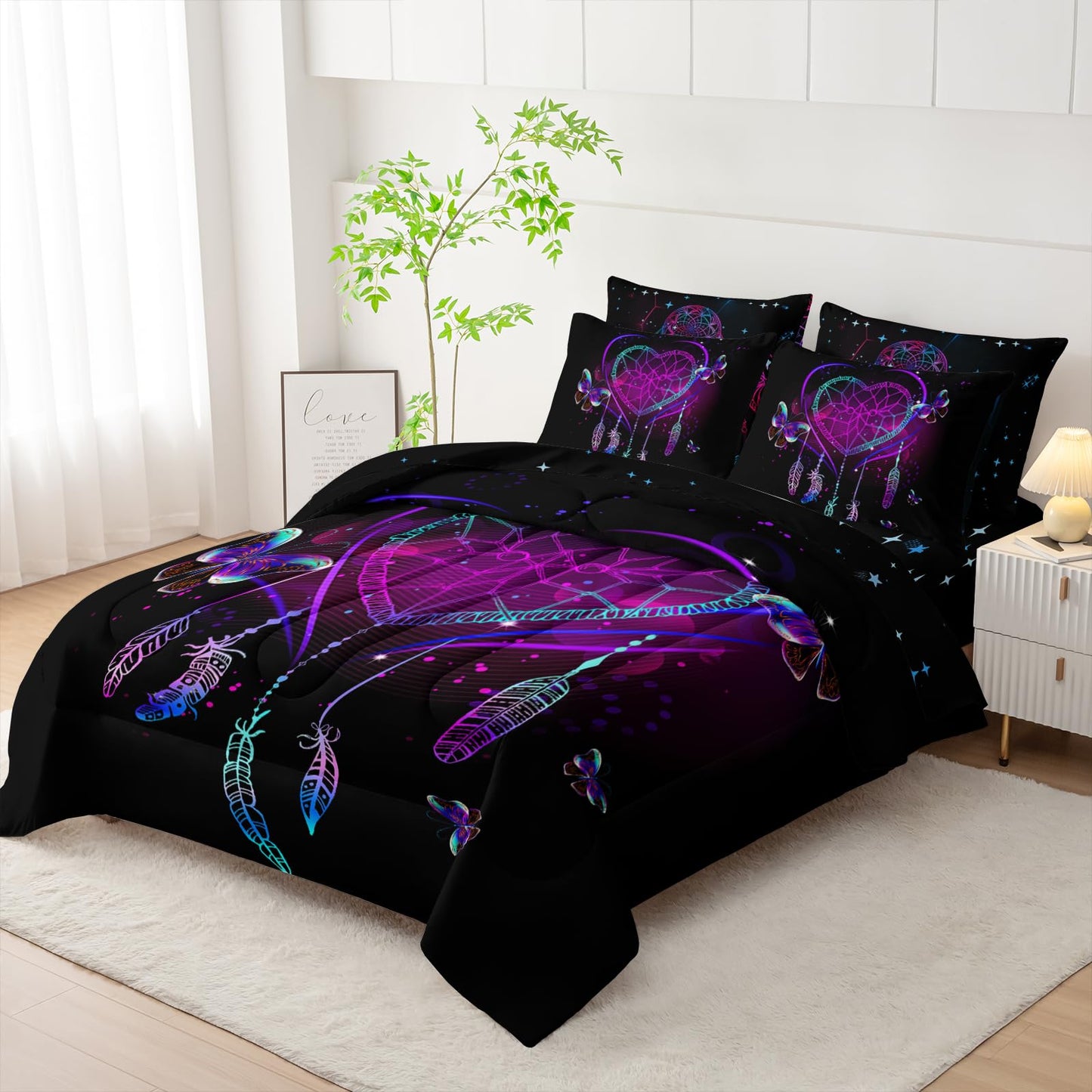AILONEN Neon Love Comforter Set Twin Size,7-Piece Soft Bed in a Bag,Black Purple Dreamcatcher Comforter & Fitted Sheet & Flat Sheet & 2 Pillowcases,2 Pillow Shams for Bedroom