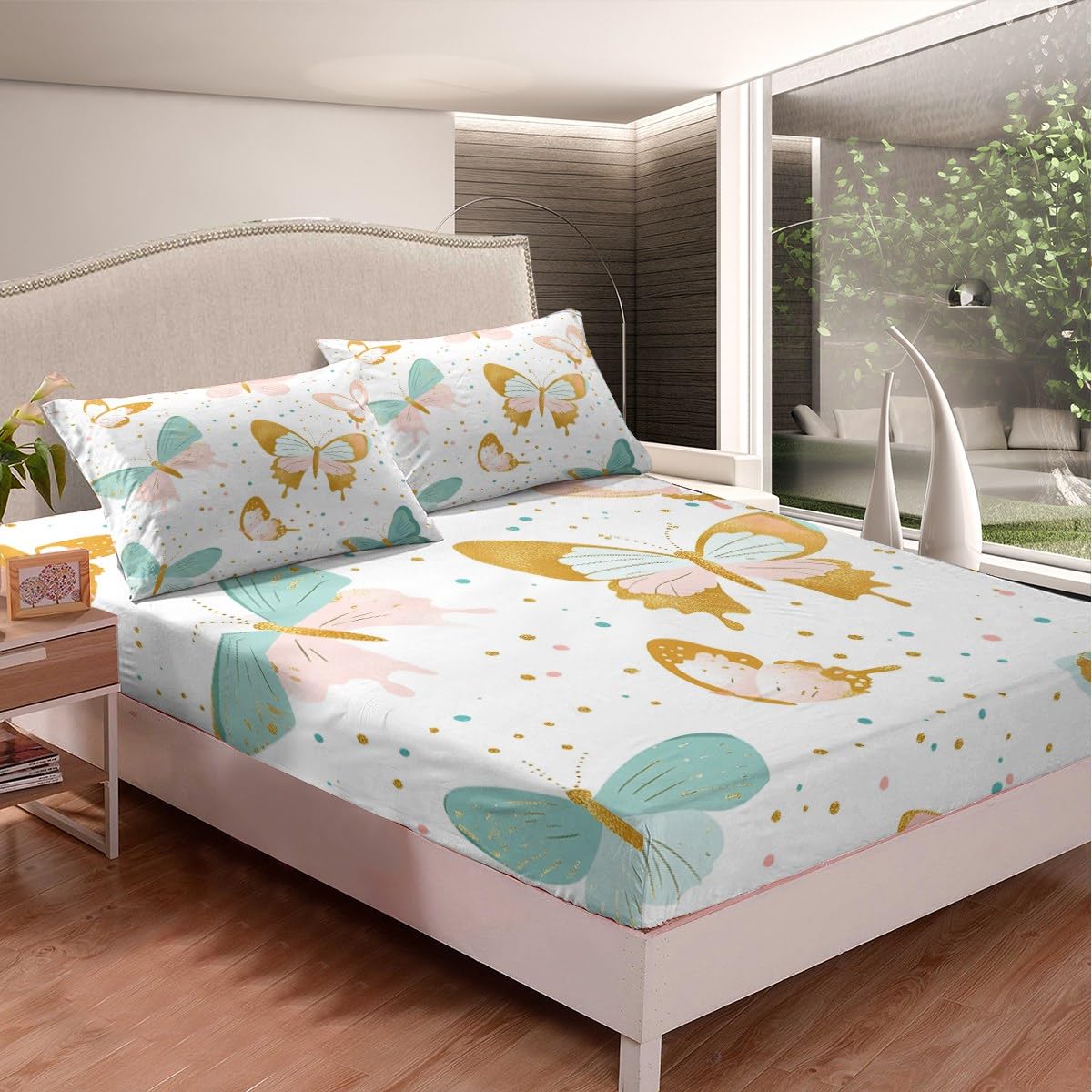 Feelyou Kids Butterfly Fitted Sheet Full Size, Rainbow Bed Sheet Set Boys Girls Butterfly Floral Bedding Set Glitter Teens Bed Cover Bedroom Decor Lightweight Bed Set (No Flat Sheet)