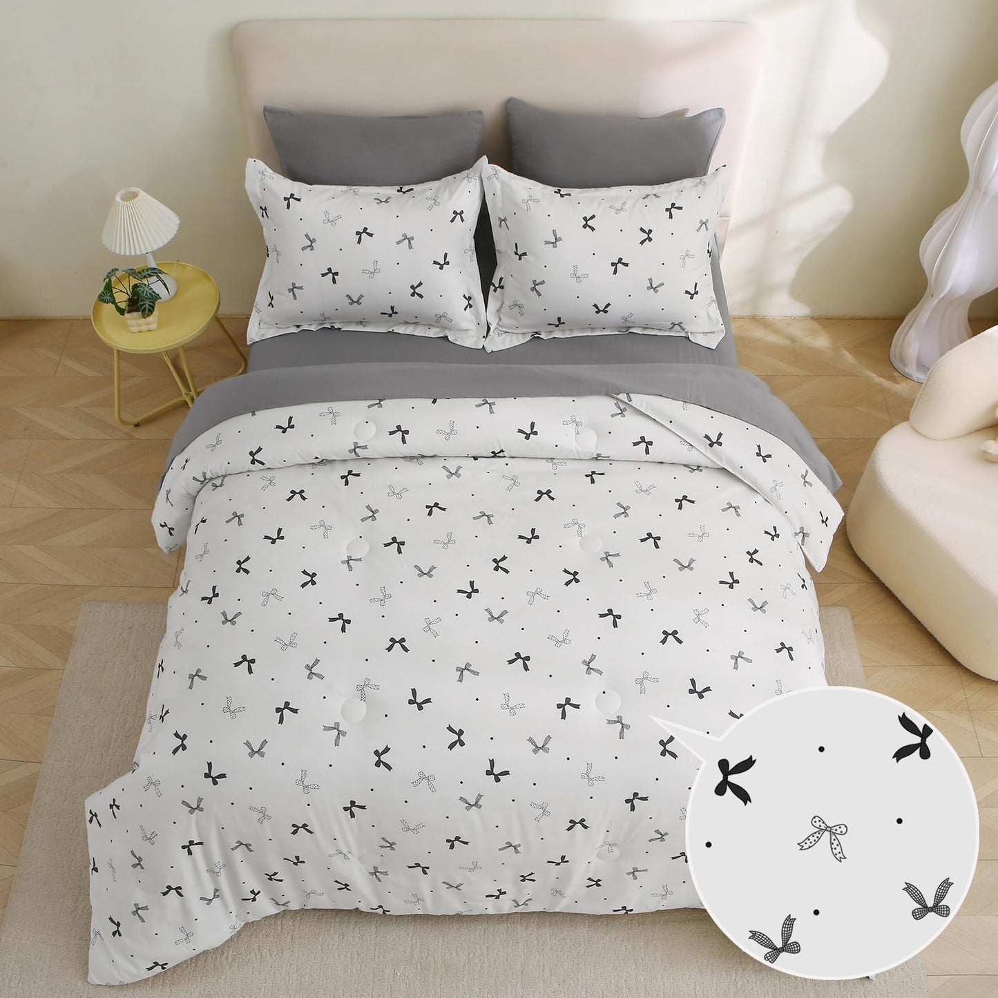 Jameswish 7 Pieces Black Bow Comforter Set for Girls Kids Soft Fluffy Bedding Set Full Size Bed in A Bag as Gifts (1 Comforter, 1 Flat Sheet, 1 Fitted Sheet, 2 Pillowcase and 2 Pillow Sham)