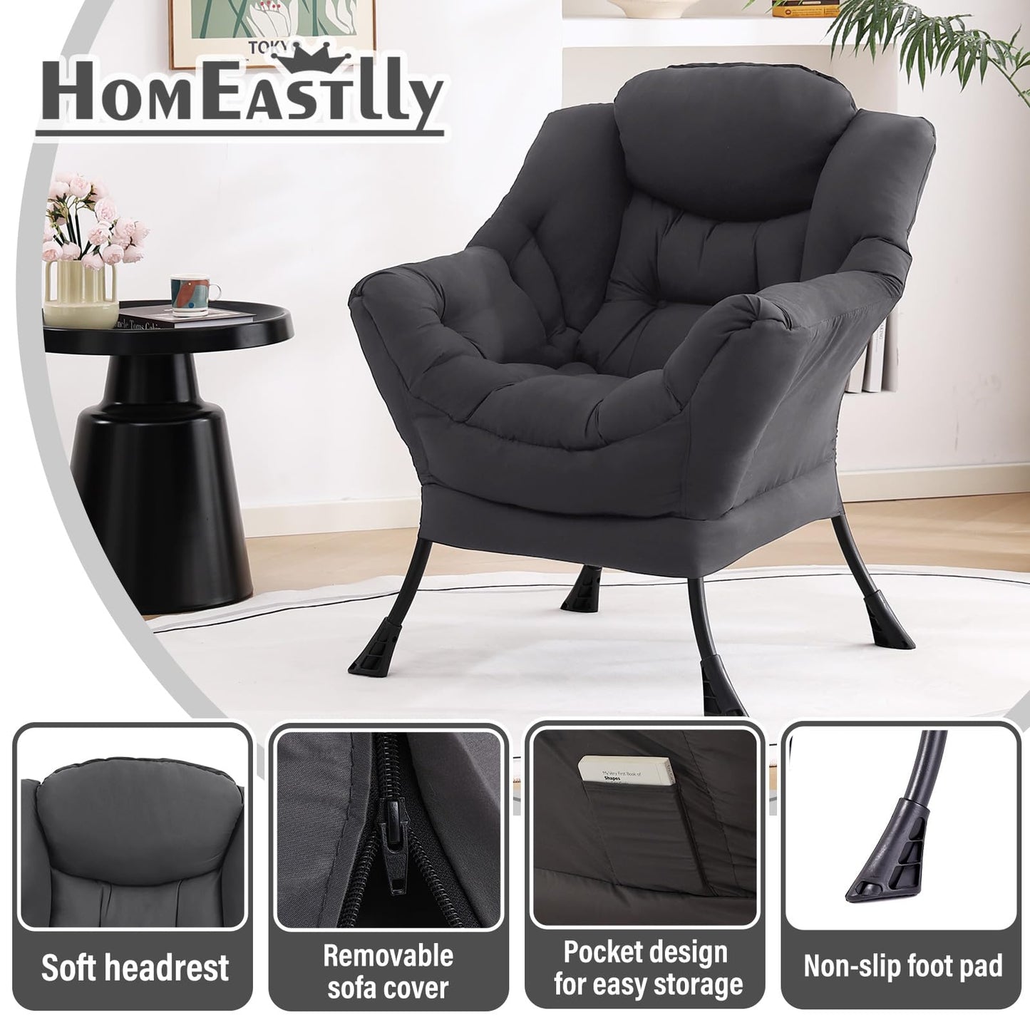 HomEastlly Lazy Chair, Large Accent Chair, Modern Comfy Armchair, Dark Grey Chair for Living Room Bedroom Dorm Room Office Apartment Reading Relaxing Use