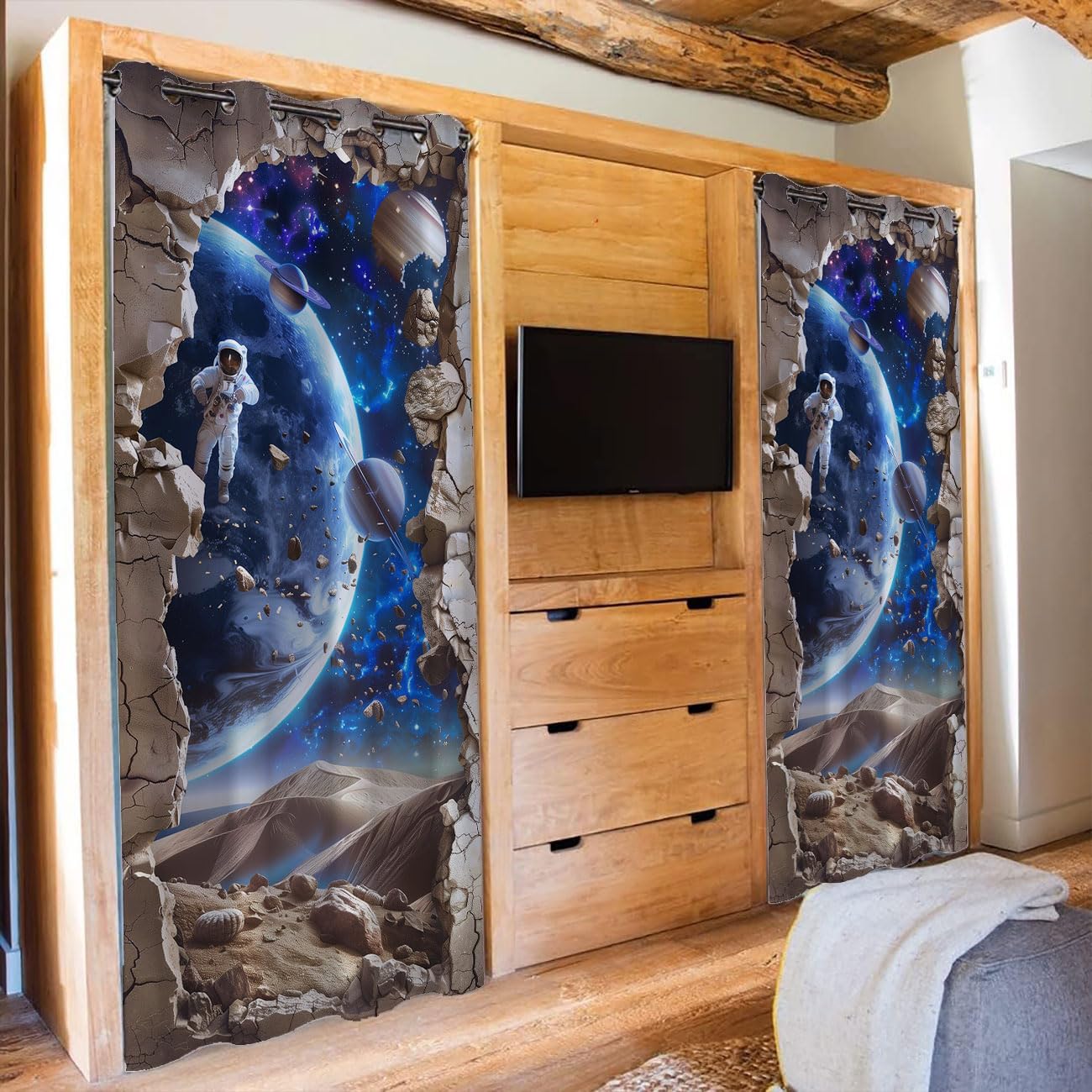Chaohuan Galaxy Astronaut Door Curtain Home Decor, Planets Spaceships 3D Space Scene Room Darkening Blackout Curtain for Privacy Bedroom Doorway Living Room 1 Panel 34" W X 80" L