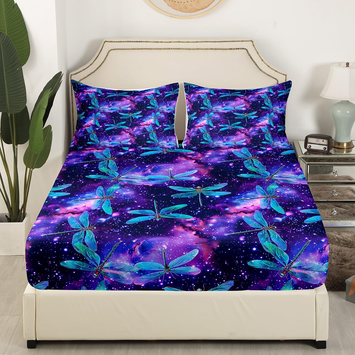 Feelyou Dragonfly Fitted Sheet s Animal Pattern Bedding Set for Boys Girls Children Purple Blue Galaxy Bed Sheet Set Ornamental Dragonfly Printed Room Decor Twin Size 2Pcs