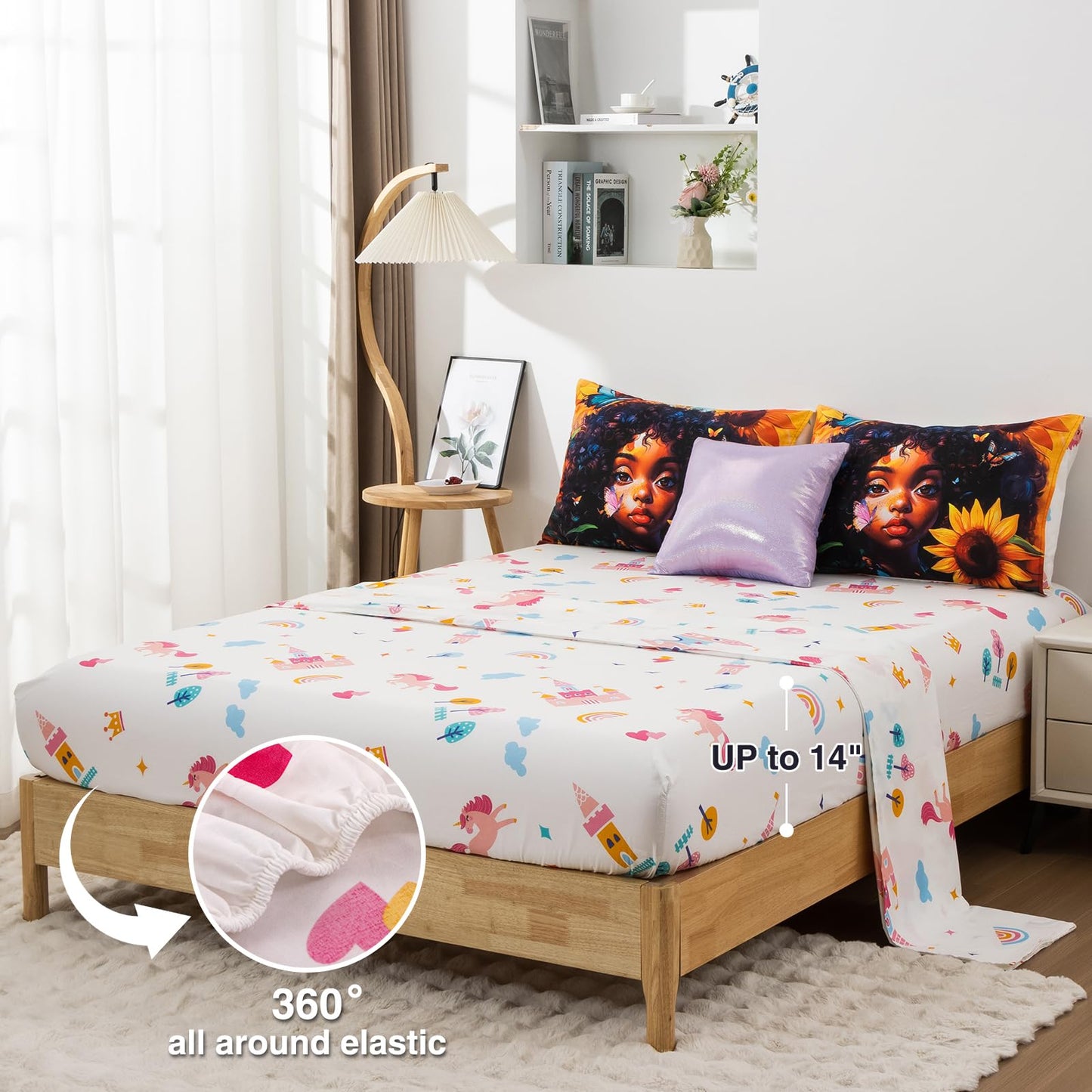 A Nice Night 6pcs Comforter Sets,Black Girl with Butterfly Flying Printed, Sunflower Flowering Shrubs Background Kids Bedding Set,Twin