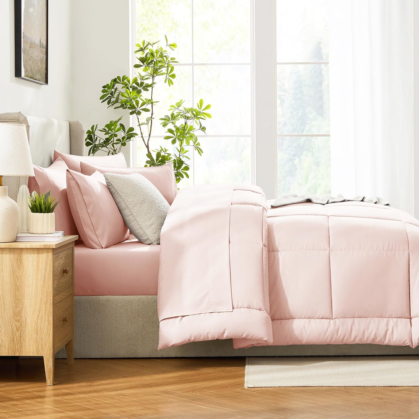 CozyLux Queen Comforter Set Blush Pink, 7 Pieces Bed in a Bag, Pink Comforters Queen Size, All Season Bedding Sets with Stitch Quilted Comforter, Flat Sheet, Fitted Sheet, Pillowcases
