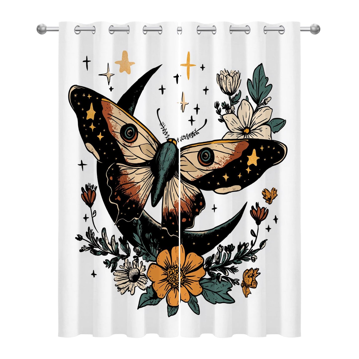 Moth Curtains 63 Inch Length, Moon Stars Bohemian Mysterious Witchy Blackout Curtains for Bedroom Living Room, Room Darkening Thermal Insulated Grommet Drapes, Patterned Window Treatments