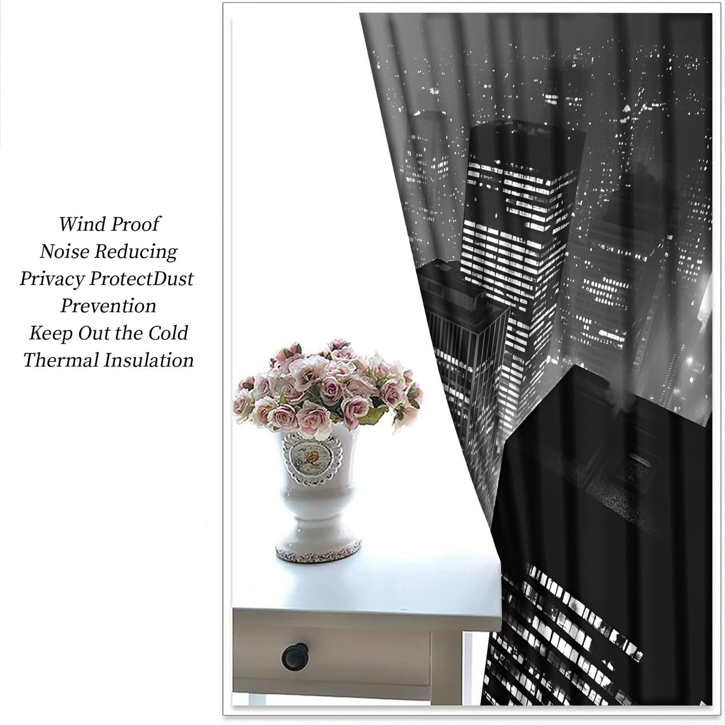 City Night View Blackout Curtains, Black and White Buildings Curtains for Living Room, City Aesthetics Black Out Bedroom Curtain Thermal Insulated Grommet Drapes 2 Panels, for Boys Room 26"W x 63"L x2