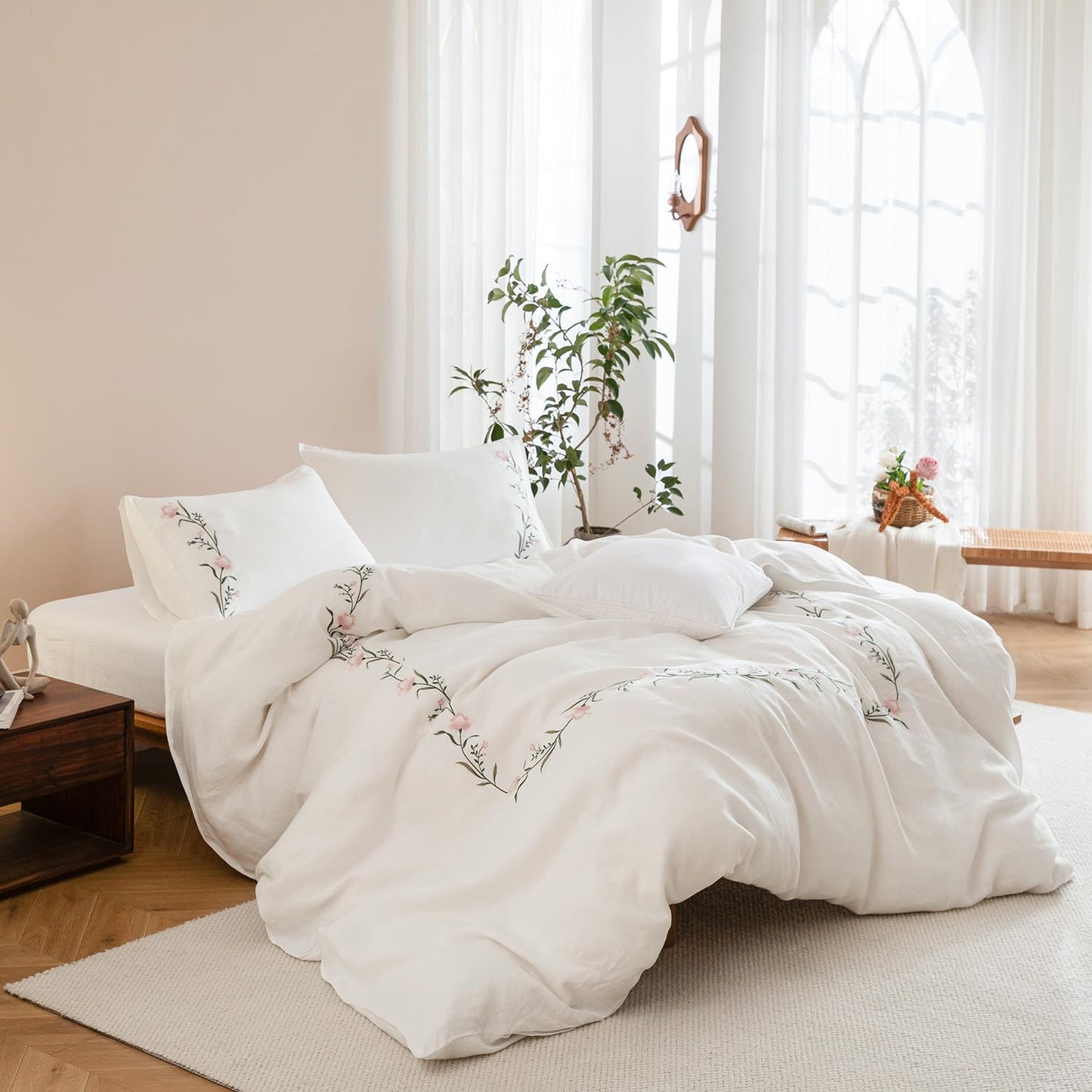 EVERLY 100% Pure Linen Duvet Cover Set Queen Size90X90Inch 3pcs (1 Duvet Cover,2 Pillowcases) Soft and Breathable for All Season with Coconut Button Closure, Suitable for Hot Sleepers-Linen-Queen