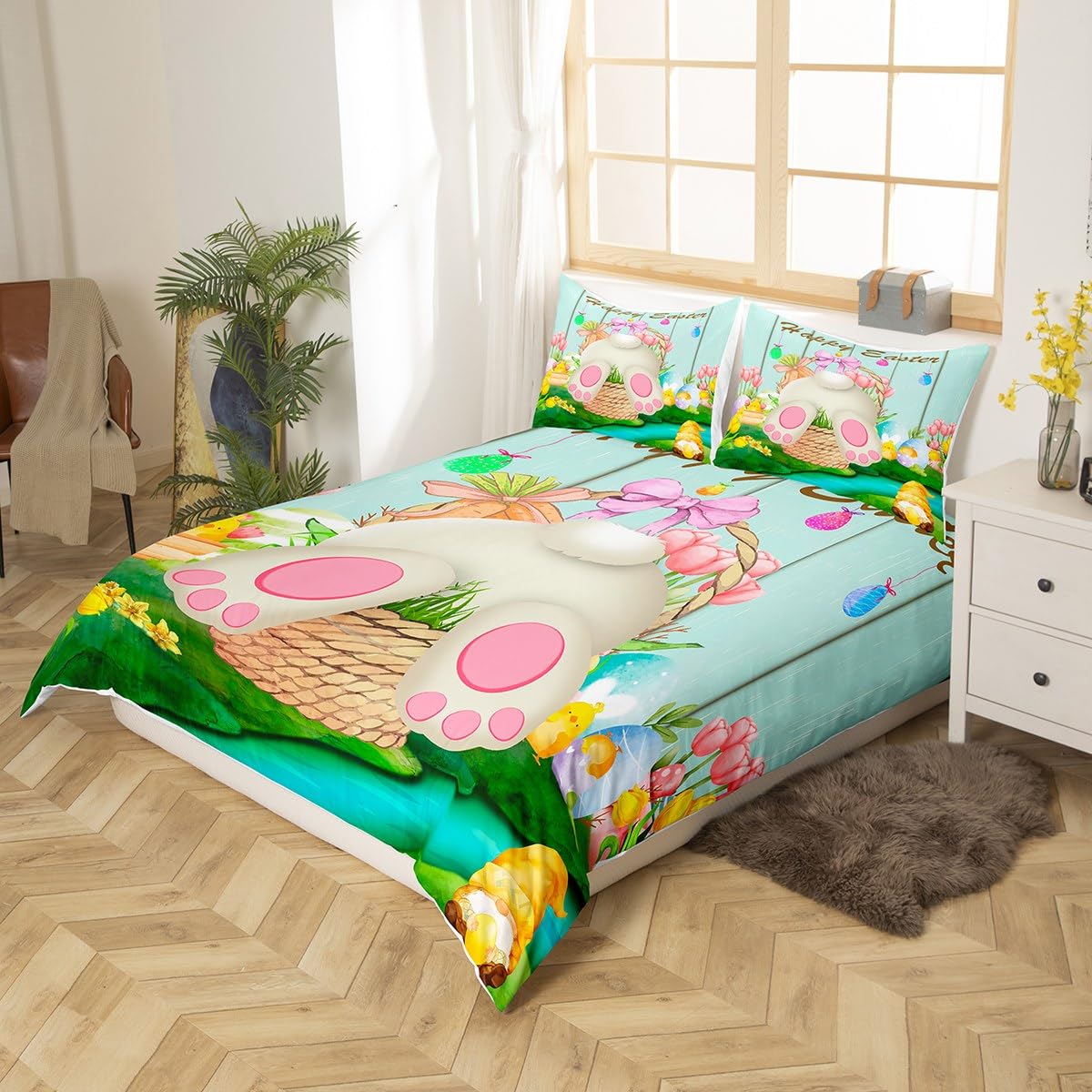 Erosebridal Easter Eggs Duvet Cover Easter Bedding Set,Rabbit Tail Comforter Cover Cute Rabbit Pet Animal Quilt Cover Queen Size Kawaii Greetings and Presents for Easter Day,Easter Baskets for Kids