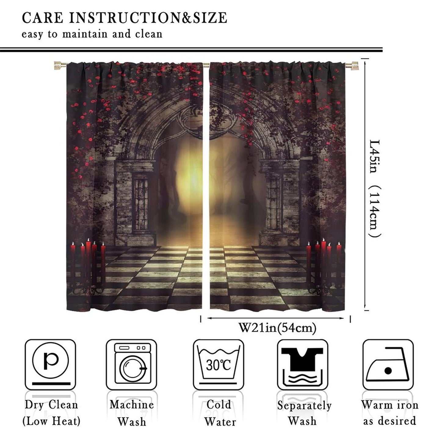 Gothic Blackout Curtains,Red Roses Medieval Castle Old Arch and Candles Thermal Insulated Drapes for Bedroom Living Room Window Curtains W42xL45in