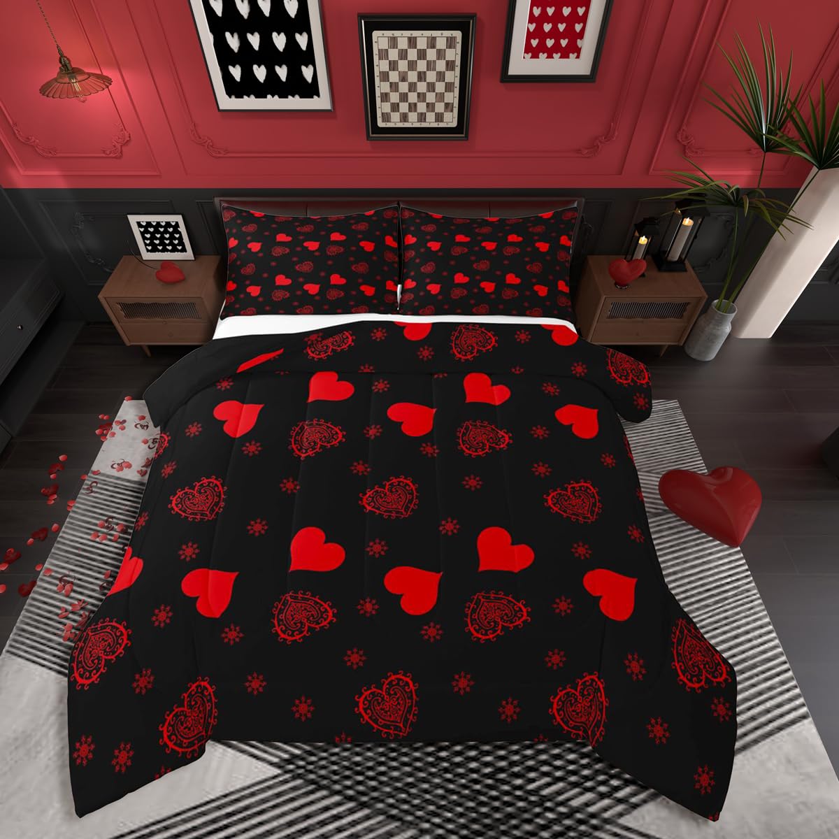 Erosebridal Romantic Love Comforter Set Queen Size Paisley Love Heart Bedding Set for Girls Women Valentine Day Comforter for Couples Bedroom Red and Black Quilt Duvet All Season