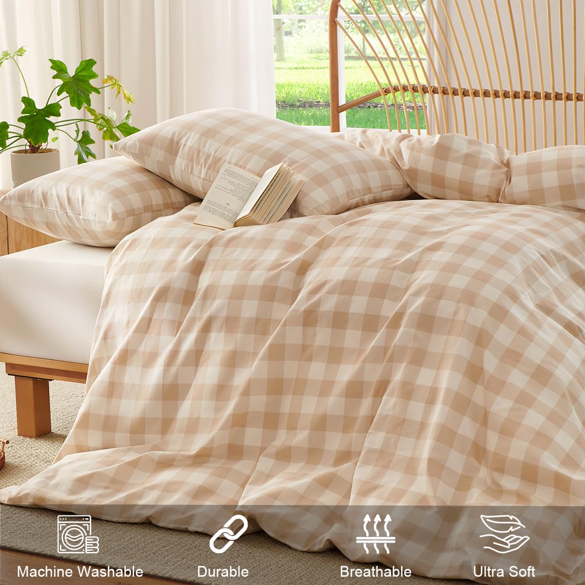 Jolusere Gingham Duvet Cover Queen 3 Pieces 100% Cotton Duvet Cover Beige Plaid Bedding Set Orange Tan Farmhouse Checkered Grid Comforter Cover with 2 Pillowcases