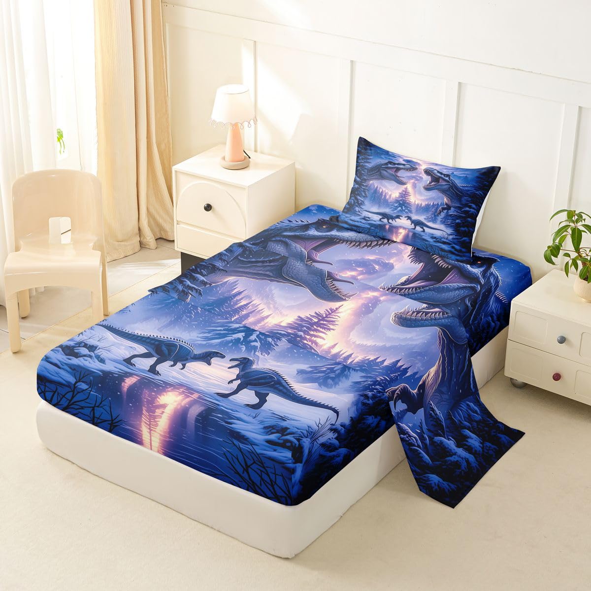 Feelyou Dinosaur Bed Sheets Set Twin Size 3D Digital Print Bed Set Jungle Dino Deep Pocket Fitted Sheet Wild Animal Breathable Soft Lightweight Microfiber Blue Purple
