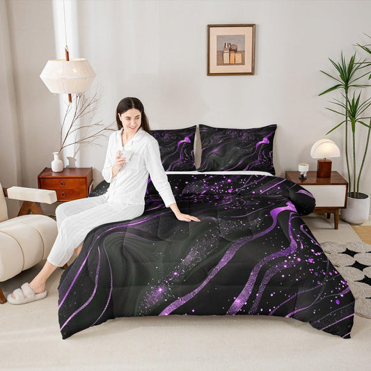 Erosebridal Marble Texture Comforter Set King Size Black Purple Bedding Set for Women Girls Shiny Glitter Modern Aesthetic Stone Comforter Watercolor Luxury Marbling Quicksand Quilt