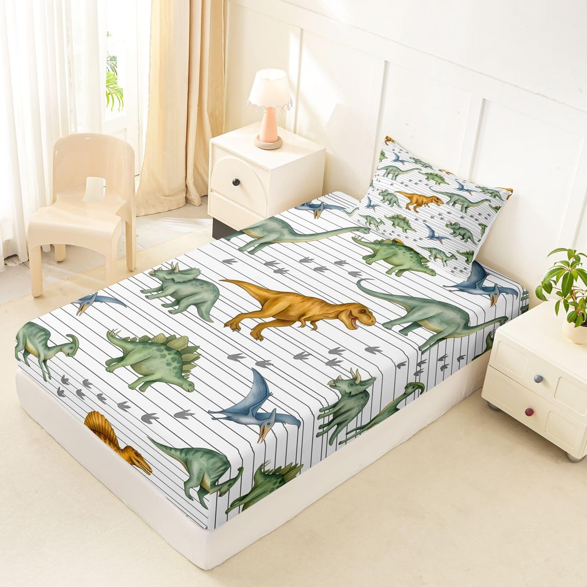 Feelyou Dinosaur Bed Sheets Set Twin Size 3D Digital Print Bed Set for Kids Boys Girls Jungle Dino Deep Pocket Fitted Sheet Wild Animal Breathable Soft Lightweight Microfiber Orange and Green