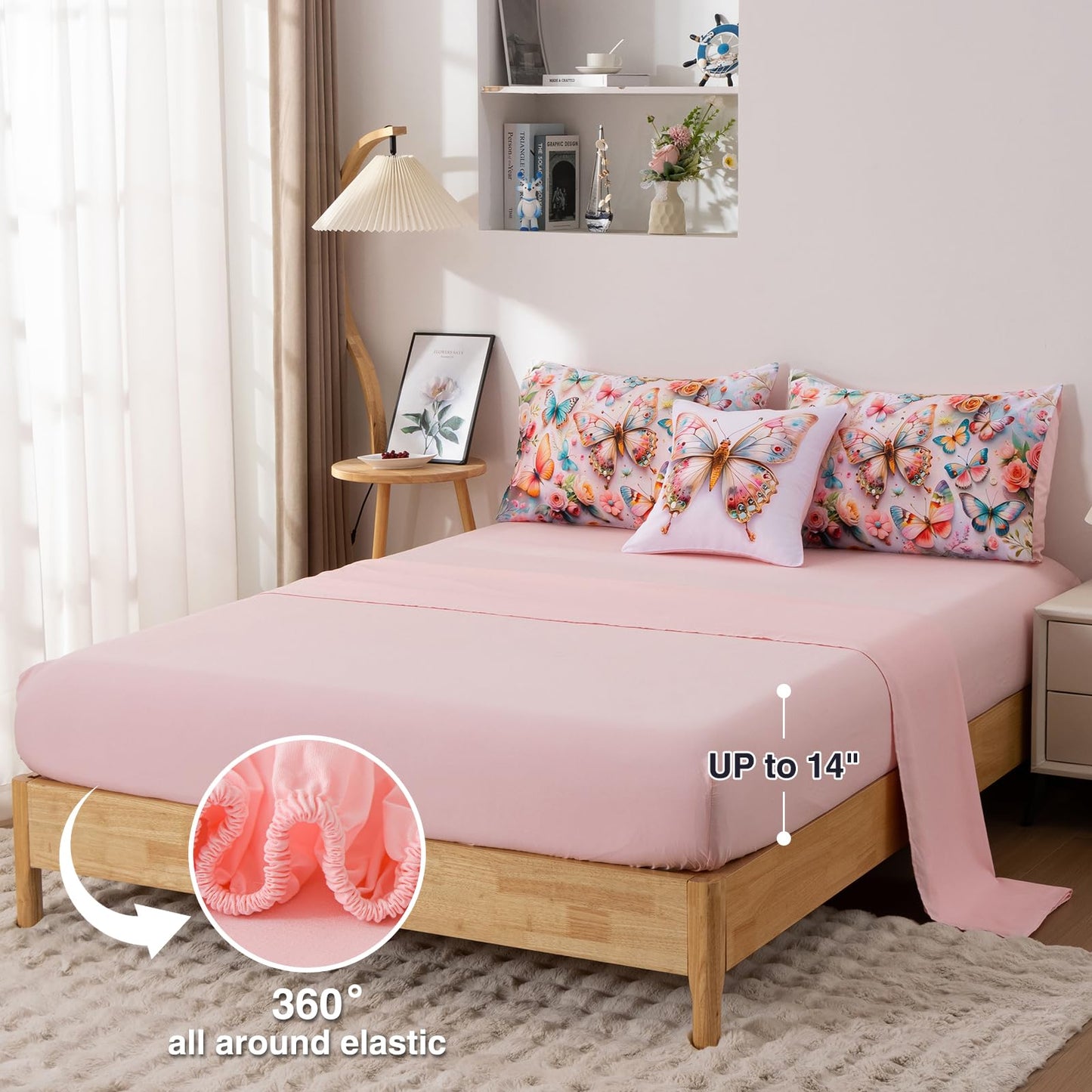 A Nice Night 6pcs Bed in A Bag Pink and Blue Dreamy 3D Various Butterfly Printed, Colorful Butterflies Flying in Flower Design Bedding Full Comforter Set, for Girls Kids Teens