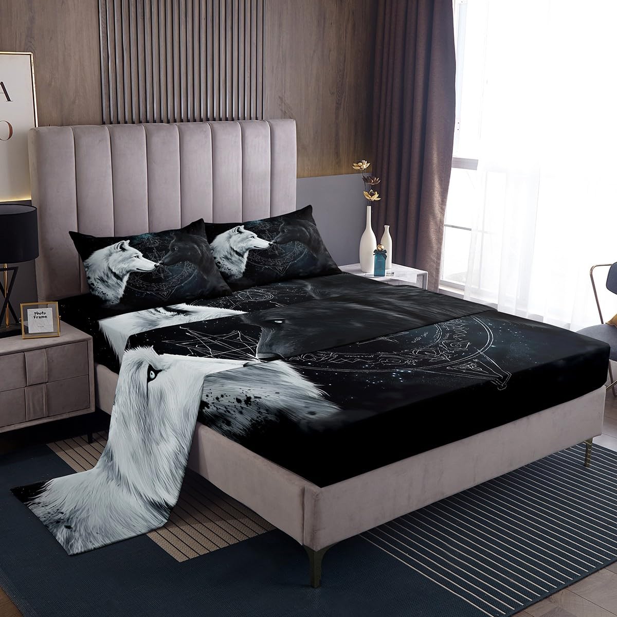 Castle Fairy Black White Wolf Bed Sheets Full Size,Sun Moon Starry Sky Bedding Set 4Pcs for Kids Boys Men Adult Room Decor,Wild Animals Fitted Sheet Cool Black Soft Top Flat Sheet,2 Pillowcases