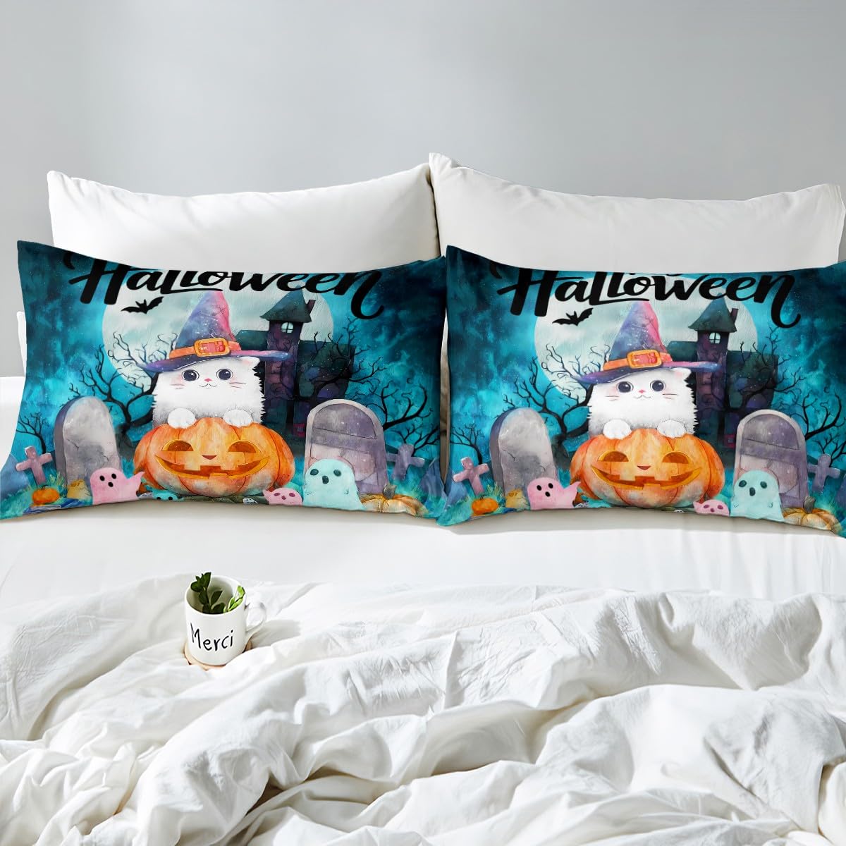 jejeloiu Kids Halloween Decor Bed Sheets Sets Queen Size Kids Boys Girls White Cat Bedding Set Cute Ghost Bed Sheet Set with 16-Inch Deep Pockets Haunted Houses 4Pcs with 2 Pillow Cases