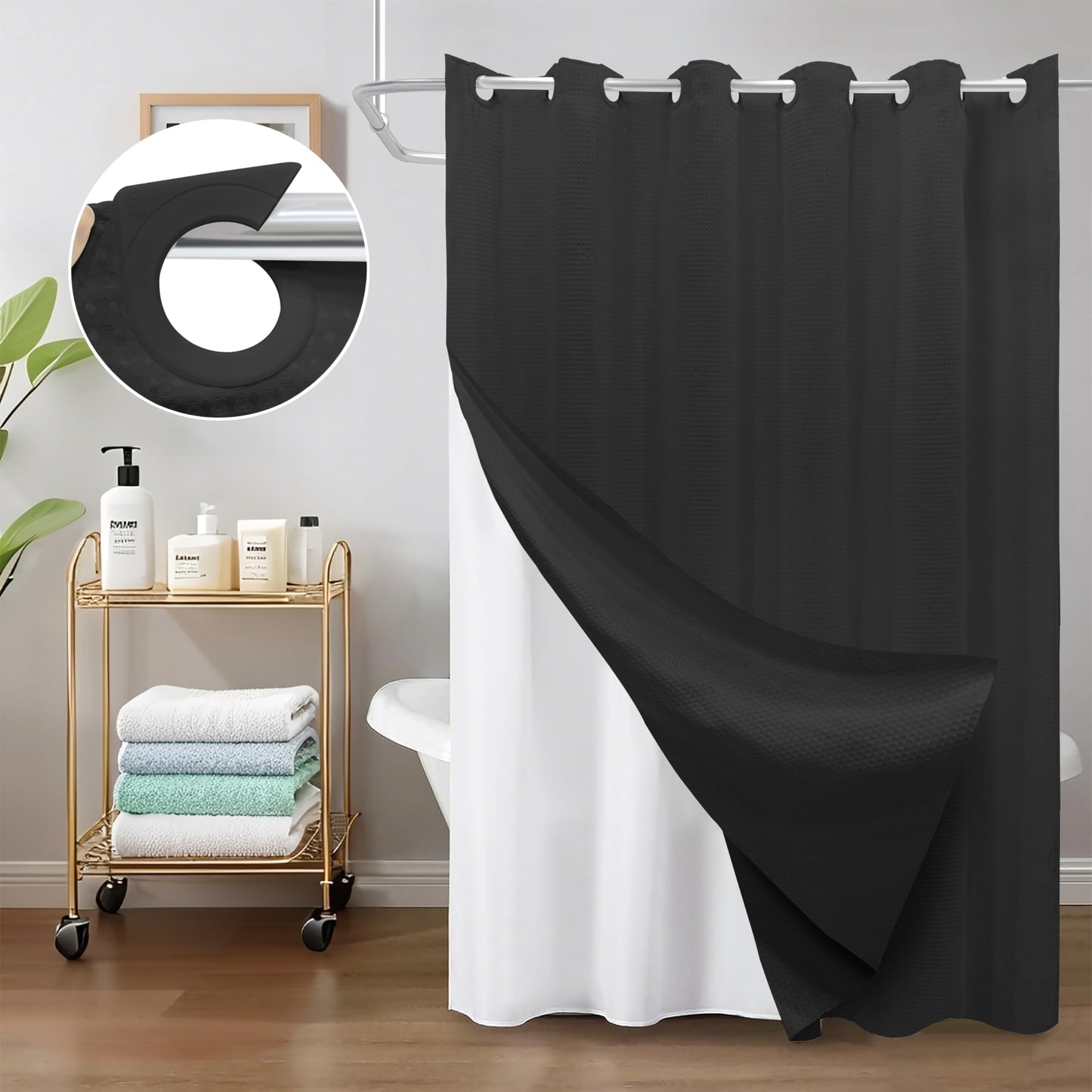 Inhousolu No Hook Shower Curtain with Removable Snap-in Liner, Waffle Weave 230 GSM Polyester, Weighted Hem, Water Repellent Washable, 72 x 72 Inch, Black