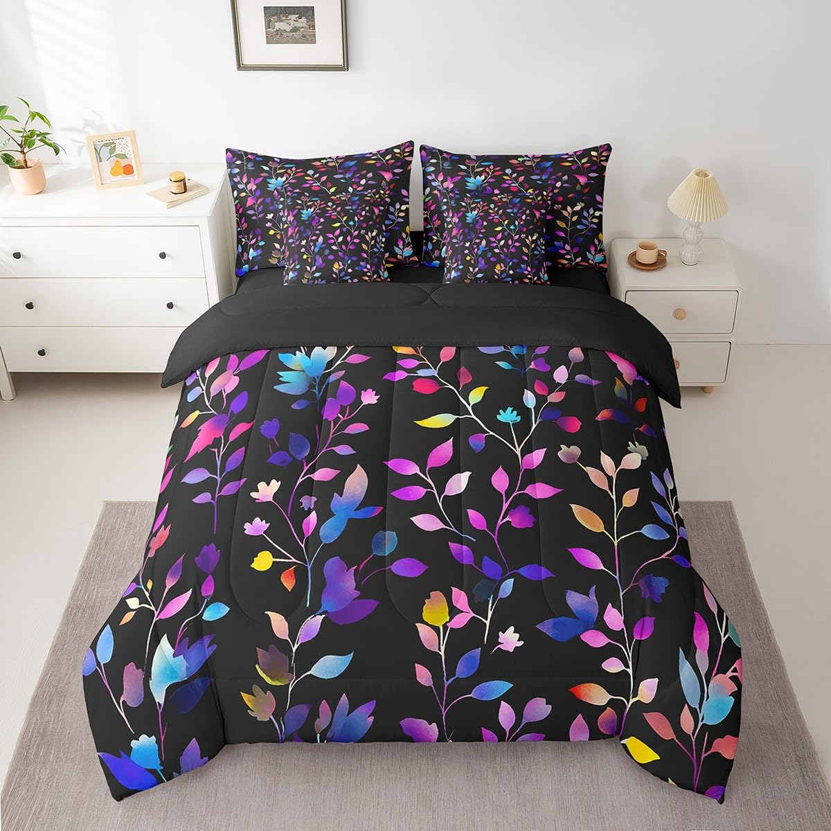 Erosebridal Botanical Comforter Set 7 Piece Bed in a Bag Twin,Tree Branches Leaves Bedding Sets Rustic Plant Leaf Sheet Set with Comforter,Jungle Bed Set