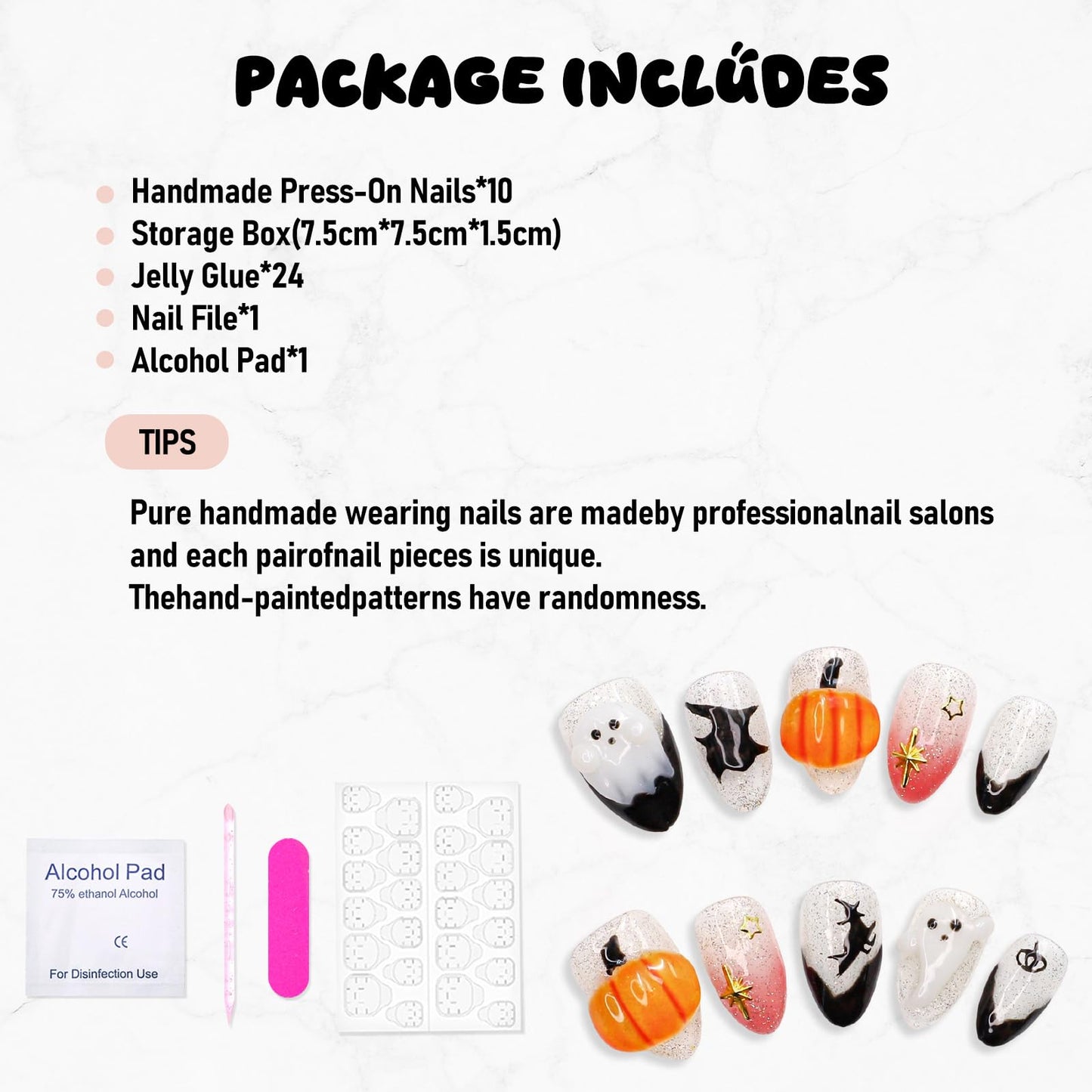 Halloween Press on Nails Handmade 3D Cute Little Ghost & Pumpkin Fake Nails Design Muti-Layer Gel Acrylic Nail Glitter Stick on Nails Full Cover Short Almond Black French False Nail for Women (Size M)