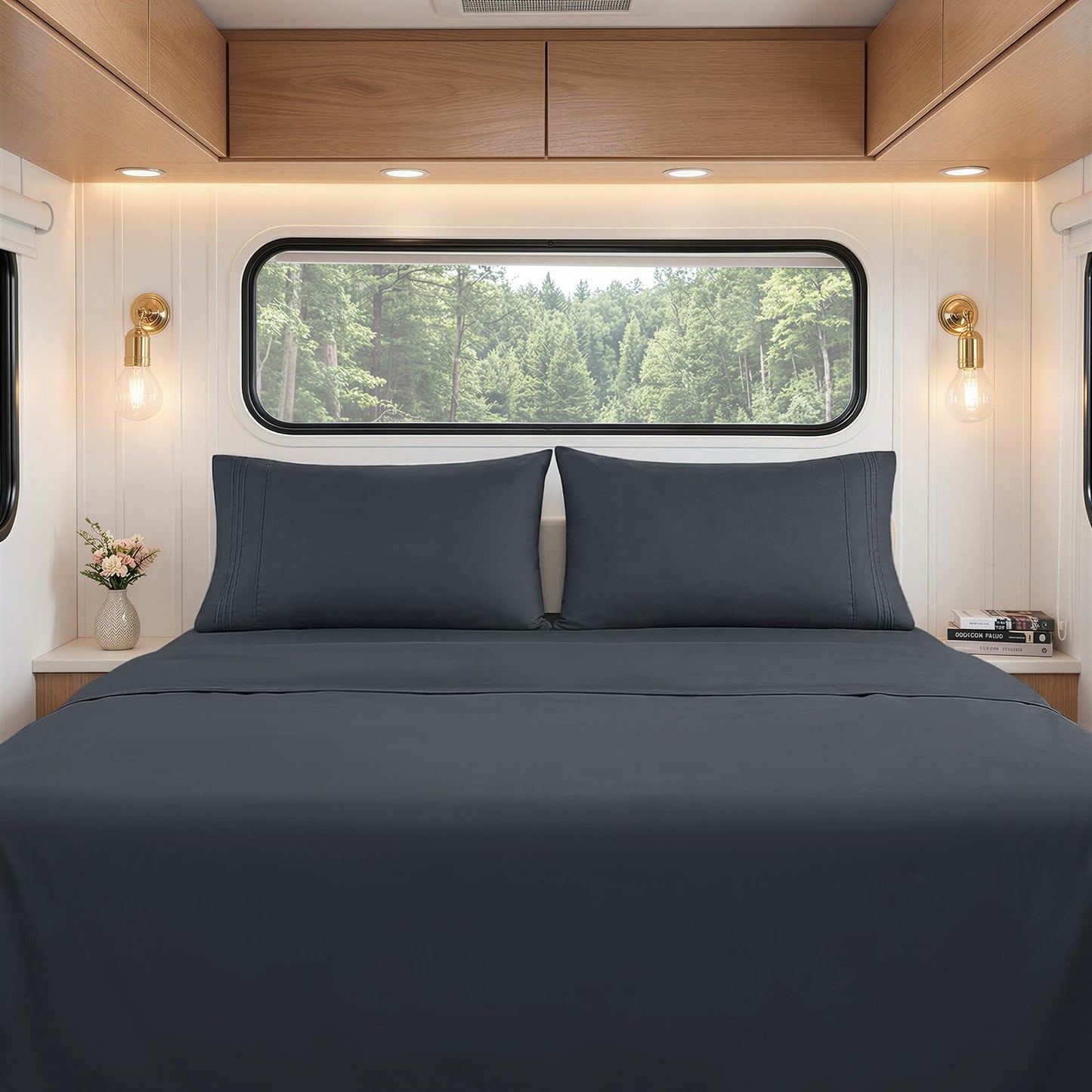 RUDONG M RV Short Queen Sheets Set - 4 Piece Dark Grey Microfiber Bedding, Super Soft, Breathable & Wrinkle-Resistant Camper Sheets for Travel Trailer Comfort