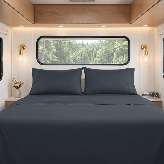 RUDONG M RV Short Queen Sheets Set - 4 Piece Dark Grey Microfiber Bedding, Super Soft, Breathable & Wrinkle-Resistant Camper Sheets for Travel Trailer Comfort