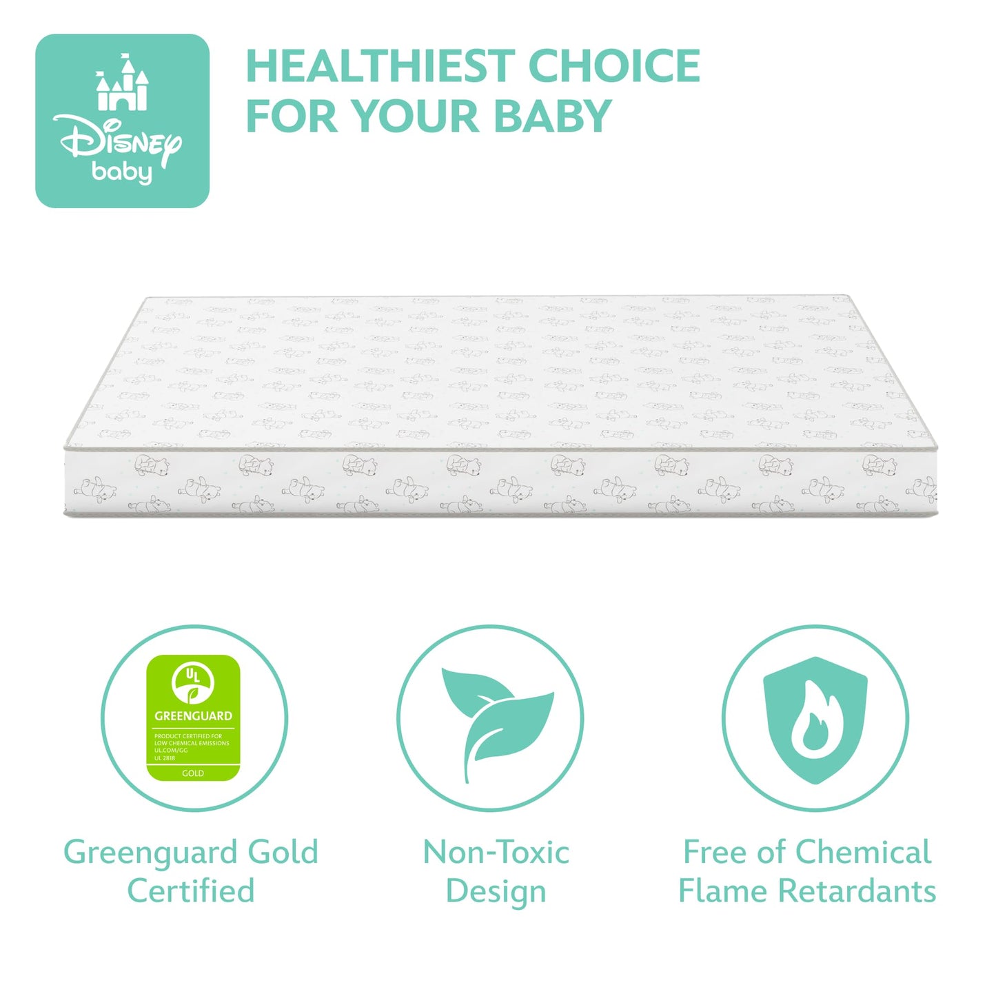 Delta Children - Disney Winnie the Pooh Crib & Toddler Mattress - Dual-Sided - Waterproof - GREENGUARD Gold Certified - Non-Toxic - Lightweight - Made in USA - Sustainable Fiber Core - 52"L x 27.5"W