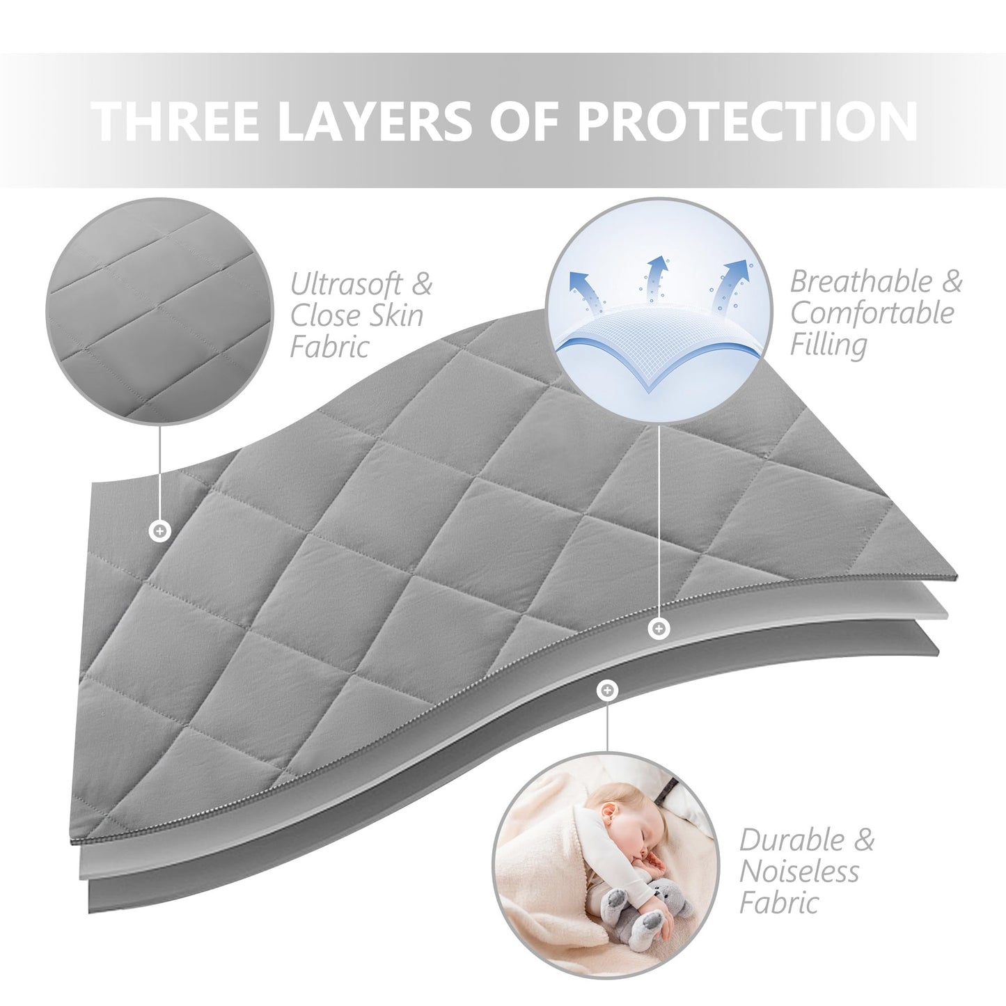 TILLYOU Pack and Play Sheet - Soft Quilted Crib Cover Pad, Toddlers Mattress Protector with 1''-3'' Deep Pocket, Thick Play Yard Playpen Sheets, Breathable Fluffy Crib Mattress Pad, 39"x27", Grey