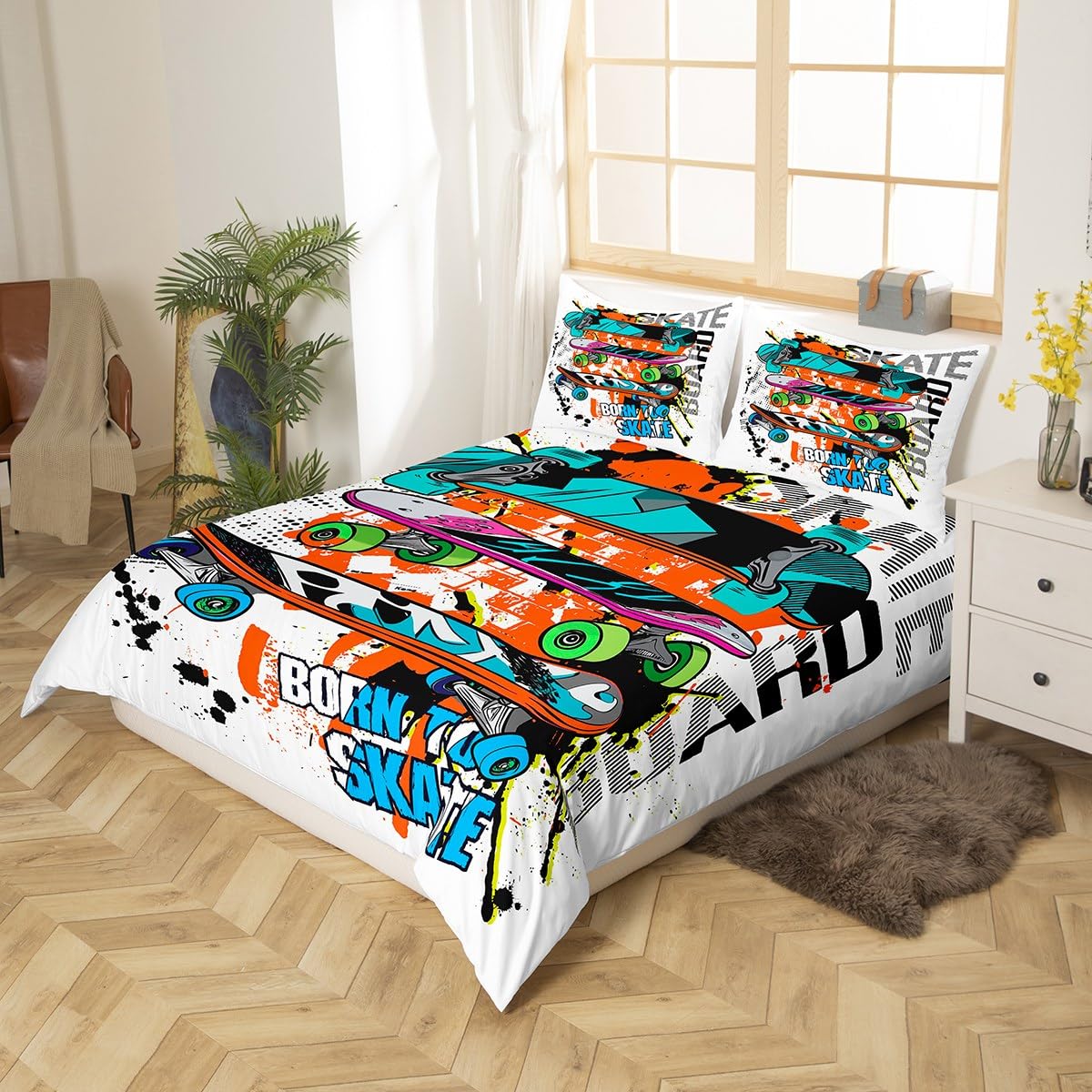 Teens Skateboard Bedding Set Boys Hipster Graffiti Style Comforter Cover for Kids Children Extreme Sports Theme Duvet Cover Cool Skate Board Bedspread Cover Room Decor With 2 Pillow Case Queen Size