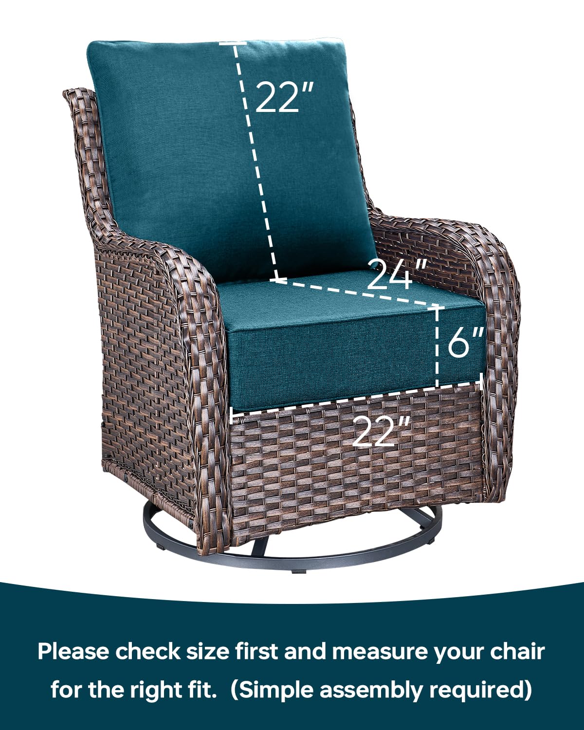 ACTREST Luxury 22x24/22x25 6-Inch Outdoor Cushions for 5 Peice Patio Furniture Set - Set of 5 Water-Resistant Pillow for Dining Rocking Swivel Chairs Loveseat Couch Sectional Sofa - Peacock Blue