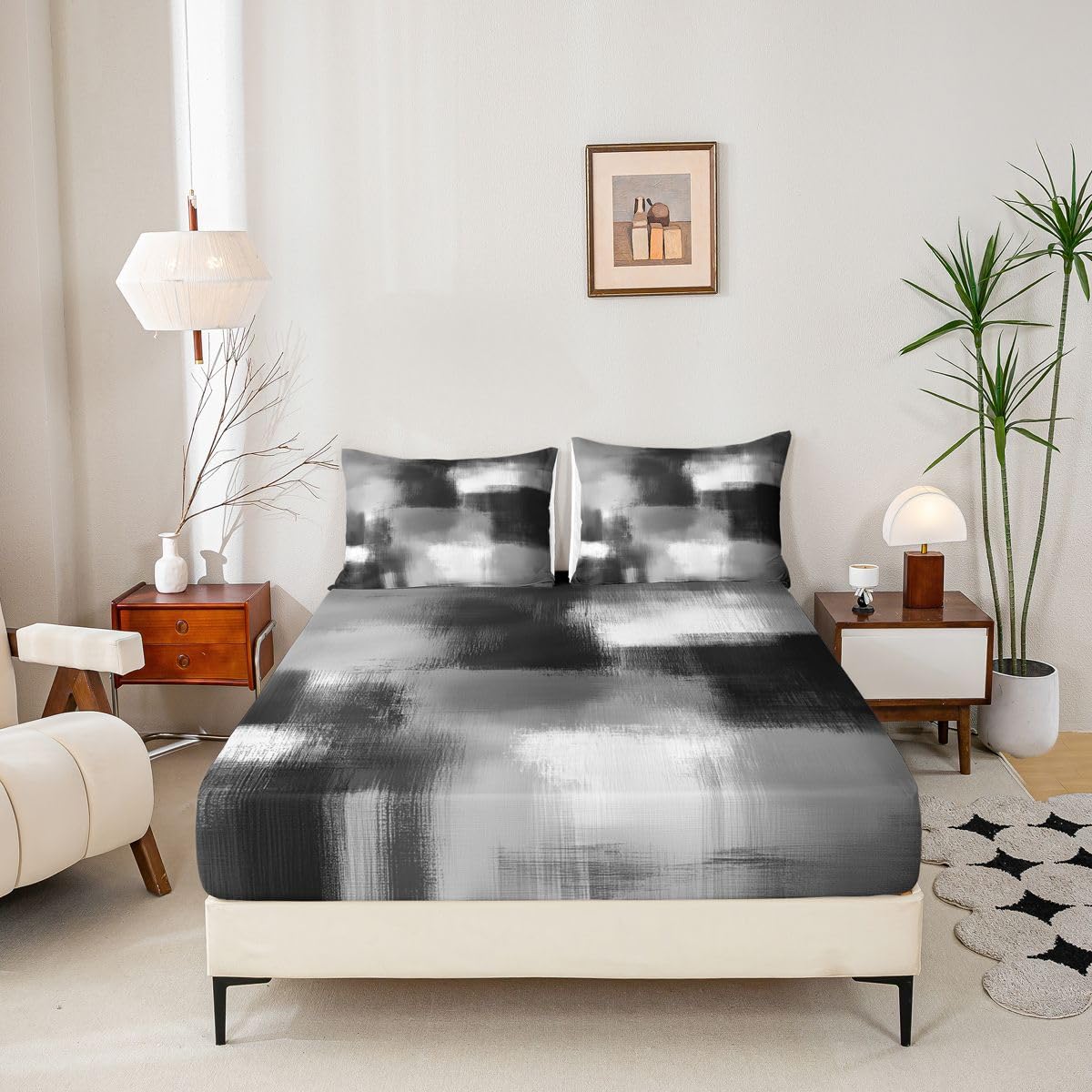 Feelyou Abstract Fitted Sheet with 2 Pillowcases Queen Size Modern Abstract Bed Sheets Set 16" Deep Pocket Boys Girls Geometric Artistic Smear Bedding Teens Bedroom Decor Breathable Soft