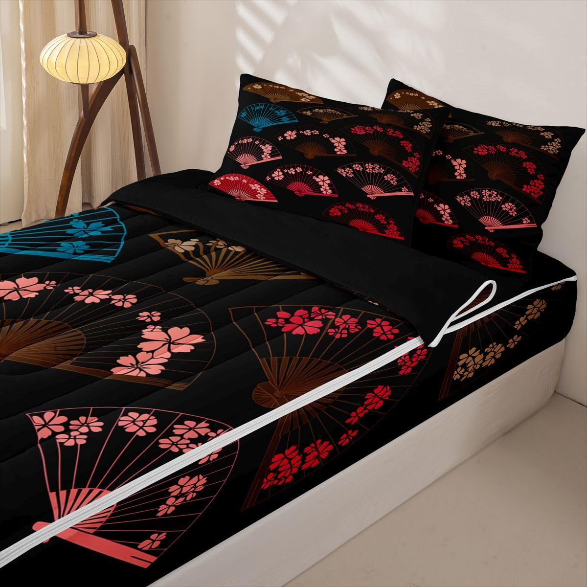 Erosebridal Japanese Kids Comforter Set with Zipper, Japanese Fan Twin Size Zipper Bedding Set, Colorful Japan Style Fans Bed-in-A-Bag