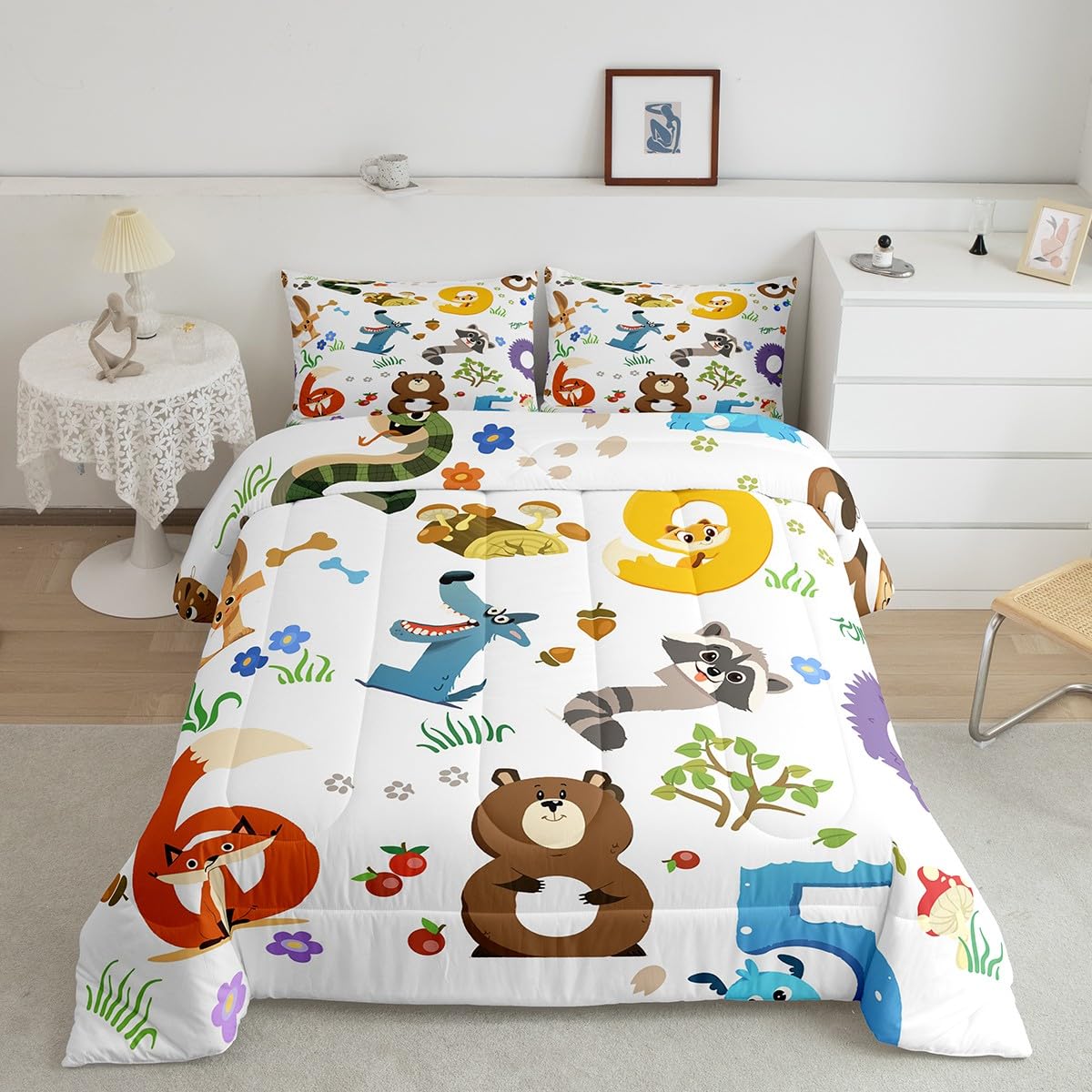 Feelyou Cartoon Animal Comforter Set King Size Zoo Animal Bedding Set for Boys Girls Teens Bedroom Decor Wildlife Comforter Women Men Hipster Style Duvet Set with 2 Pillow Case