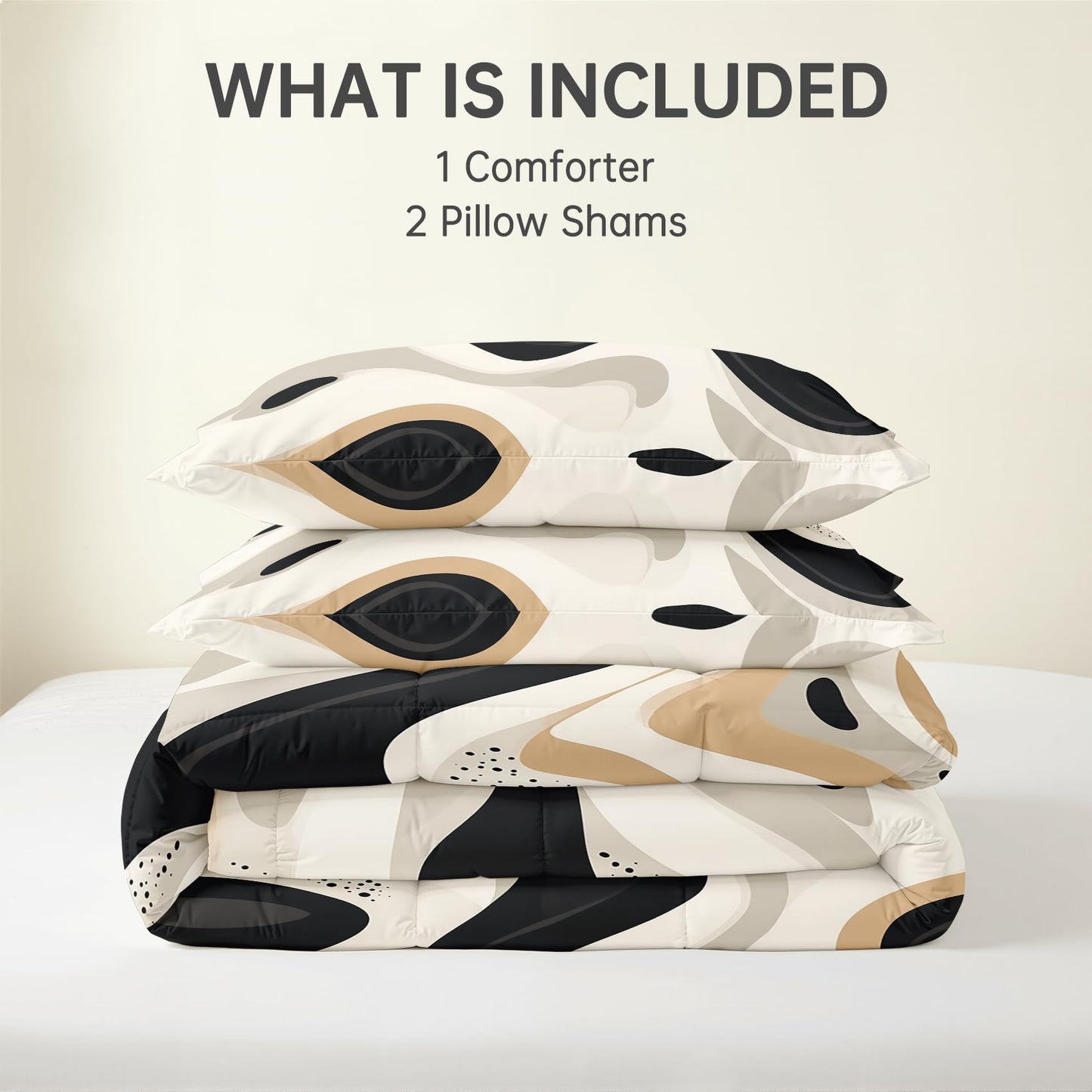 Abstract Comforter Queen Size - 3 Pcs Bed Set, All Season Comforter & 2 Pillowcases, Black White Beige Bedding Set, Soft Lightweight Down Alternative Duvet Insert, Mid Century Modern Bedroom Decor