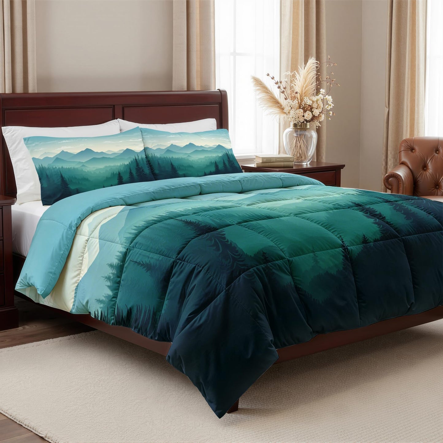 Misty Forest Comforter Set Queen Size 3 Pcs - All Season Duvet Insert & 2 Pillowcases, Mountain Bedding Set, Soft Lightweight Down Alternative Comforter, Landscape Bedroom Decor