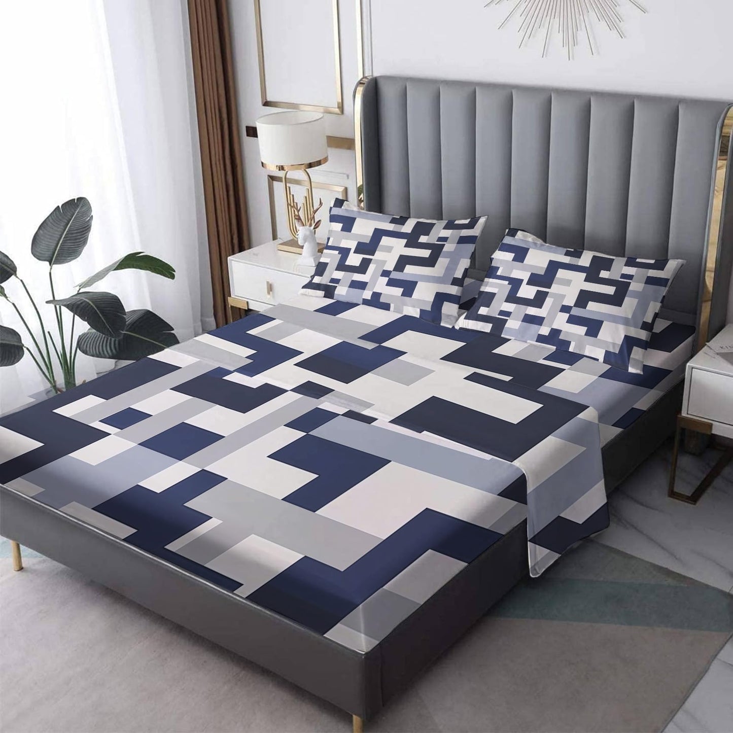 NOGAWA Abstract Sheets Twin, Geometric Modern Bed Sheets, Deep Pocket & Soft Microfiber Bedding Sheets & Pillowcases 3 Piece - Fitted Sheet & Flat Sheet & Pillow Case